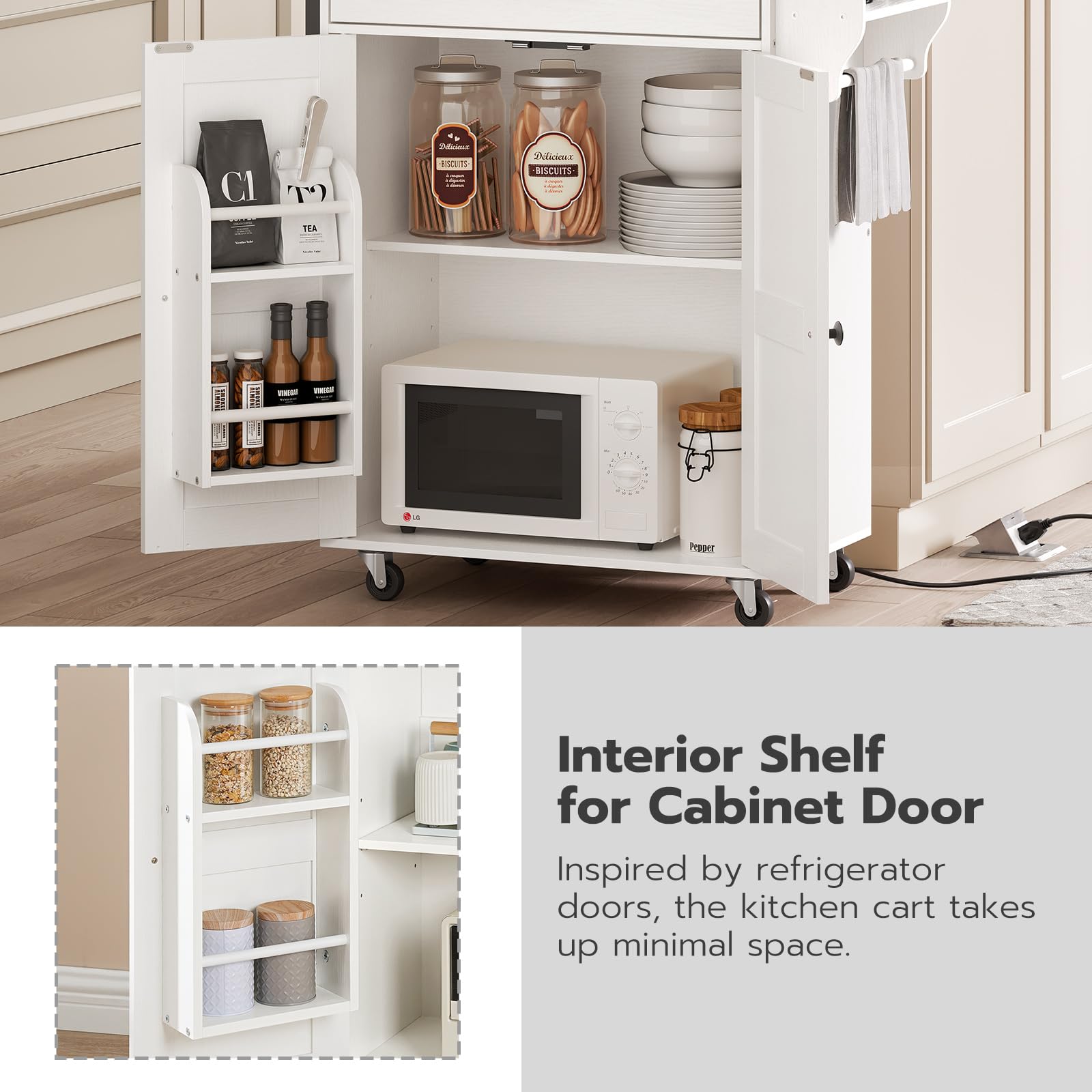 HOOBRO Kitchen Island with Power Outlet, Rolling Kitchen Island with Large Worktop, Kitchen Island Cart with Spice Rack and Drawer, Island Table for Dining Room, White and Natural WN88UZD01
