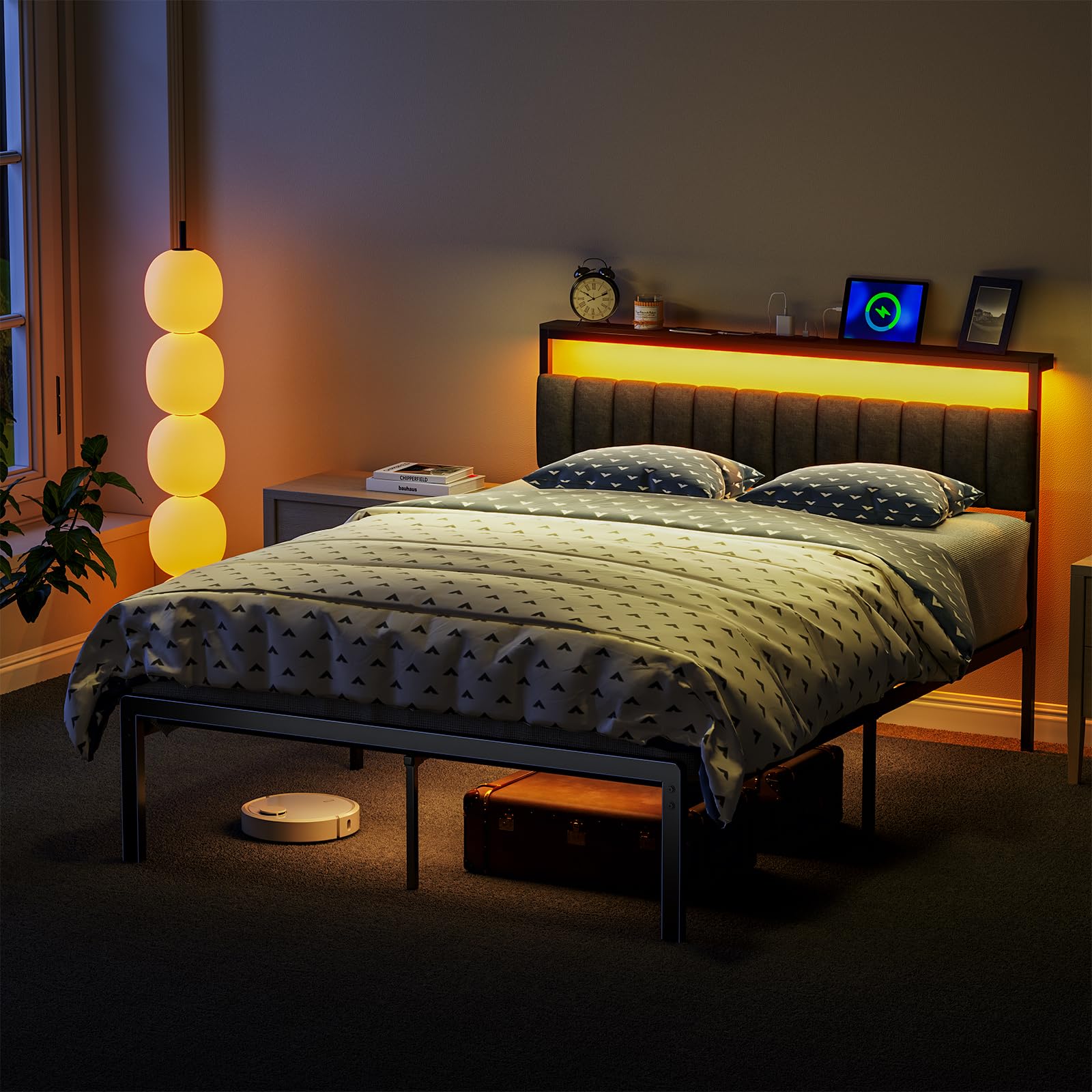 Woanke Full Bed Frame with Headboard, Sturdy Metal Bed Frame with Led Light&Charging Station, Bed Frame Full Size Noise-Free/AssemblyEasily, Double Bed Frame for Individual, Black Full Size Bed Frame