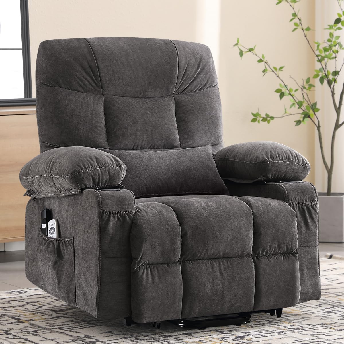 KWKSV Power Lift Recliner Chair for Elderly,8-Point Vibration Massage & Heat,Electric Lift Chair with Two Cup Holders,4 Side Pockets,Extended Footrest for Living Room