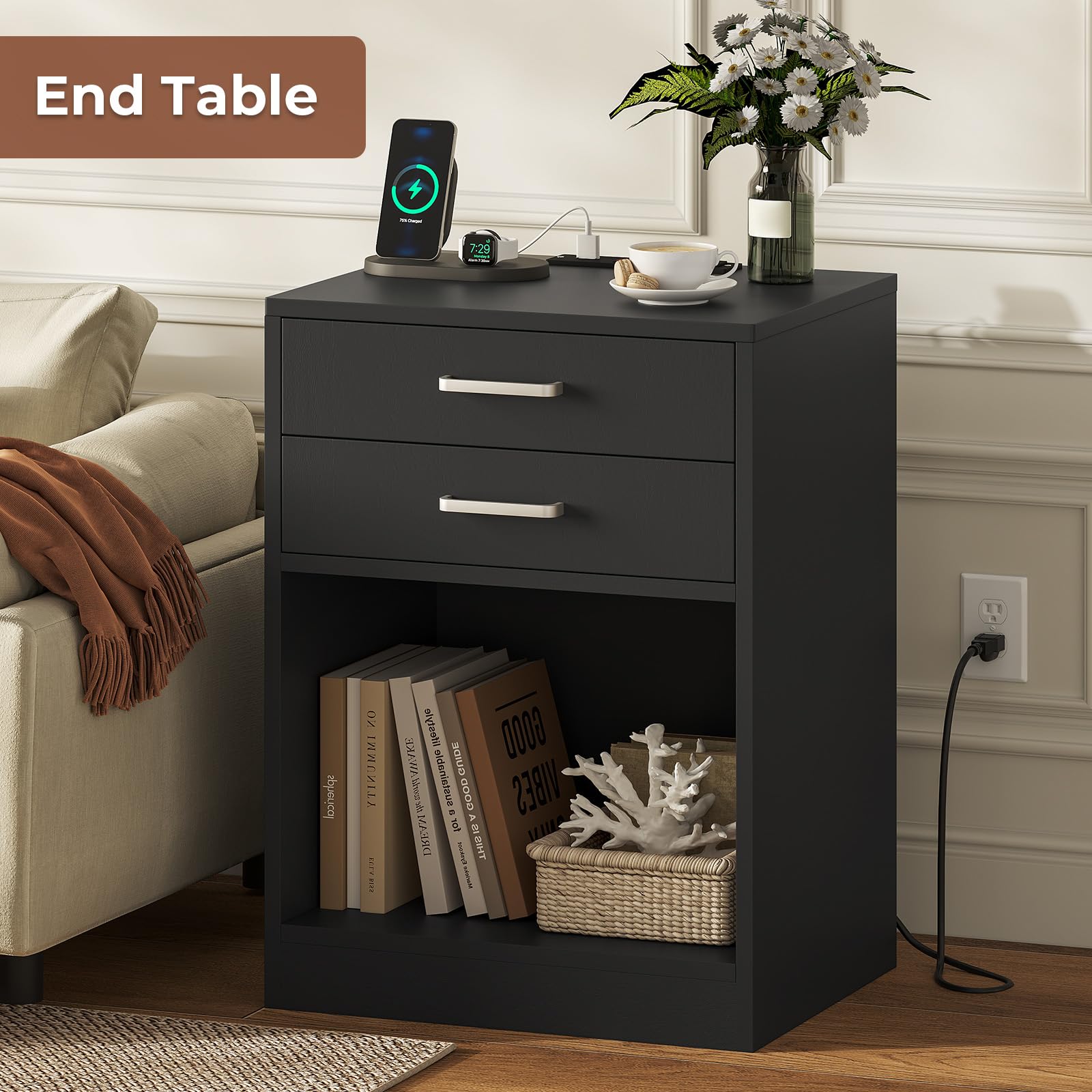 ADORNEVE Night Stand Set 2,Black Nightstand with Charging Station & Drawers,Night Stands for Bedrooms Set of 2,Bedside Table with Drawers