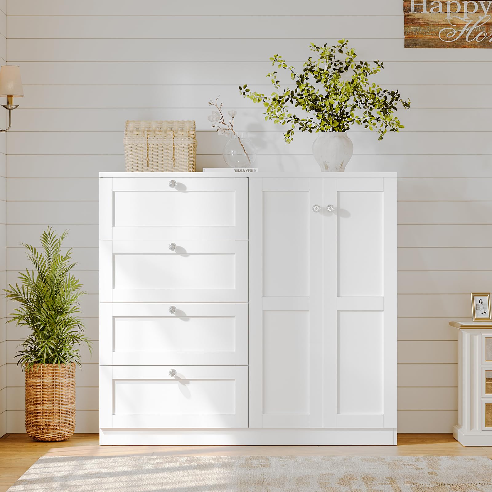 VOWNER Armoire Wardrobe Closet with 4 Drawers and 2 Doors, 43''H Clothing Storage Cabinet Dresser with Hanging Rod, Cothes Wardrobe for Bedroom, Baby Closet, White