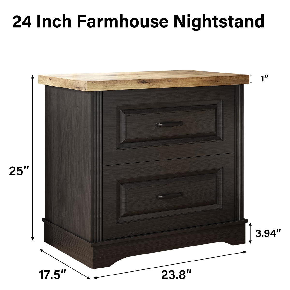 24" Wide Farmhouse Nightstand, Large End Table with 2 Drawers, Black