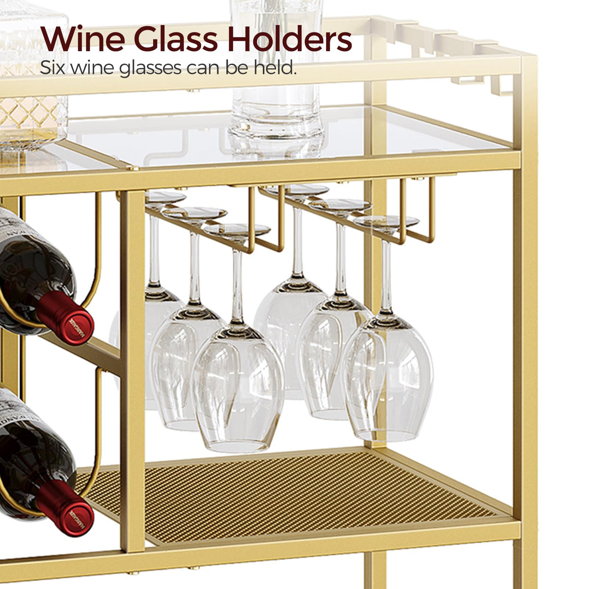 MAHANCRIS Bar Cart for Home, 3-Tier Serving Cart with Wheels and Handle, Beverage Cart with Wine Rack and Glass Holders, Rolling Wine Cart for Kitchen, Dining Room, Gold RCJ61B01
