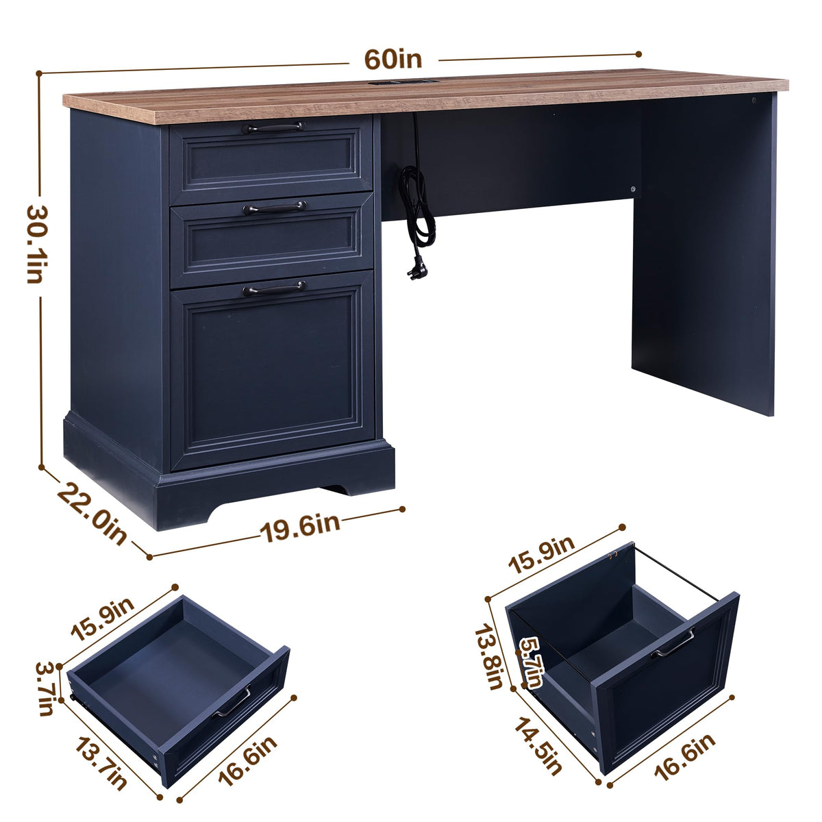Zethvax 60" Farmhouse Executive Desk with Charging Station,Home Office Desk with 2 Drawers &1 File Cabinet,Fluted Computer Desk for Office and Home (Blue)