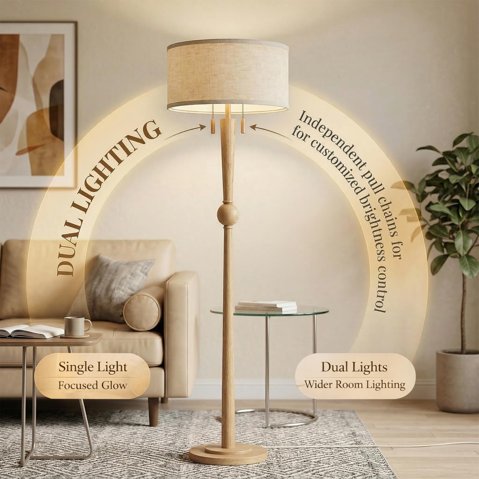 MOFFE 62.8" Solid Wood Floor Lamp,Tall Standing Floor Lamp with 2-Light Pull Chain, 17" Linen Drum Shade, Sculptural Wood Base & Stem,Transitional Floor Lamp for Living Room Bedroom, Includes 2 Bulbs