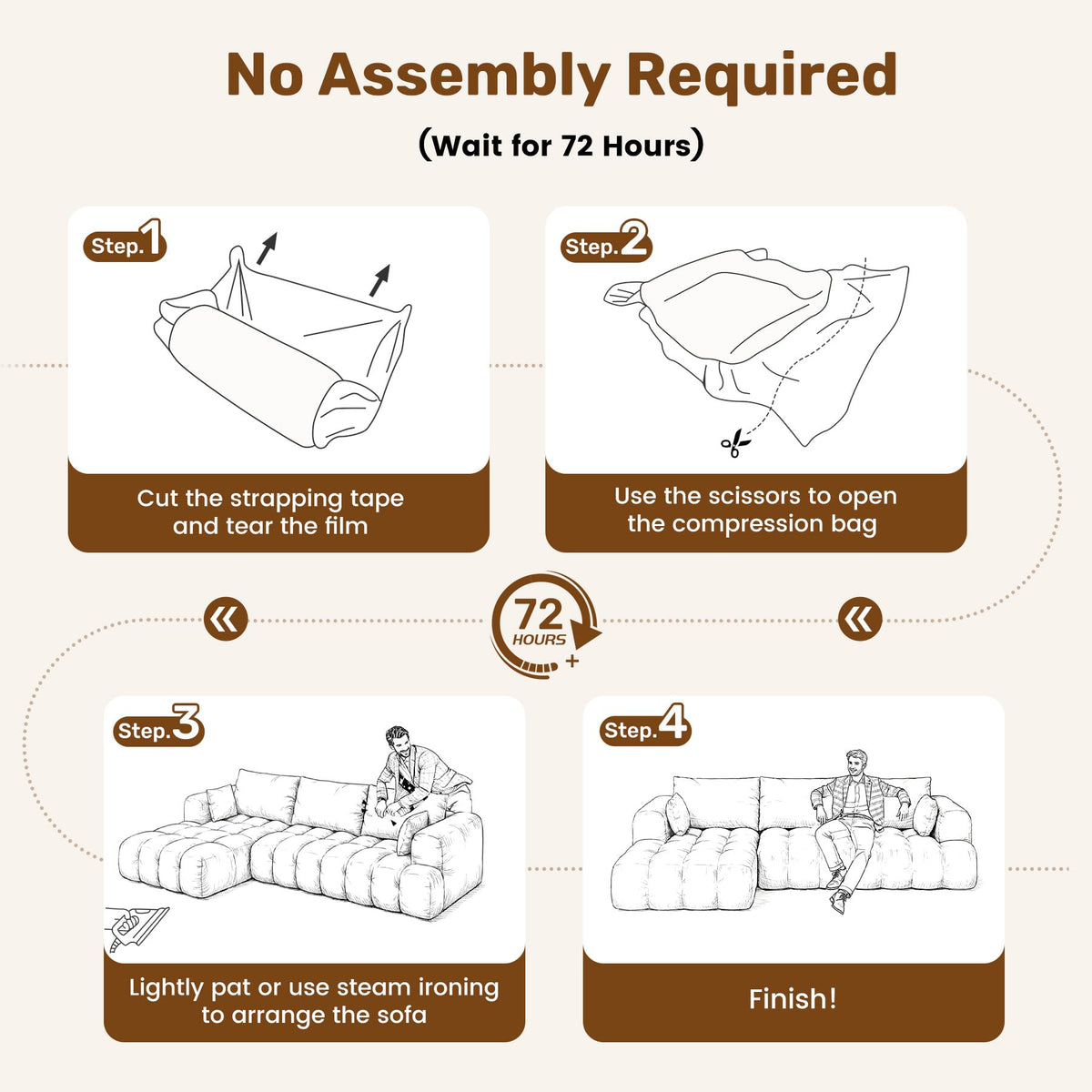 108” Boneless Couch, Cloud Couch with L-Shape Chaise, Modular Sectional Sofa with Oversized Deep Seat,Couch for Living Room Bedroom,No Assembly Required,White