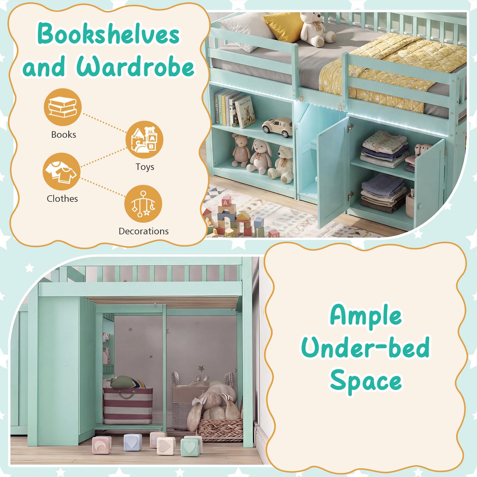 Giantex Low Loft Bed Twin Size with LED Lights, Wooden Bed Frame w/Stairs, Safety Guardrails, Storage Cabinet, Bookshelf & Under-Bed Play Space, Modern Kids Loft Bed for Boys Girls (Mint Green)