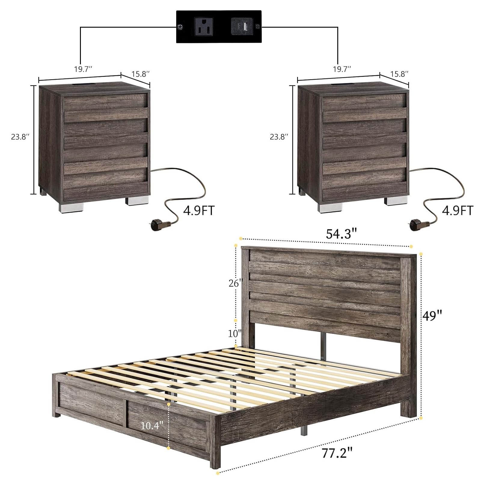 LUXOAK 3 Pcs Bedroom Furniture Sets,Includes Farmhouse Full Size Bed Frame with 49" Tall Headboard and Nightstand Sets of 2 with Charging Station, Slated Handles & Stainless Steel Feet, Rustic Grey