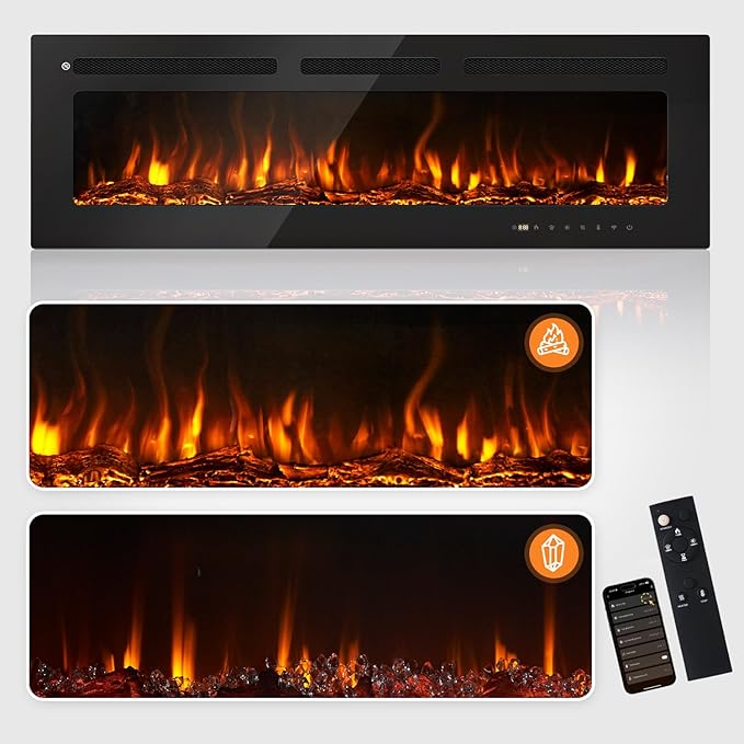 Electric Fireplace – Wall Mounted & Recessed, Adjustable Color Flame