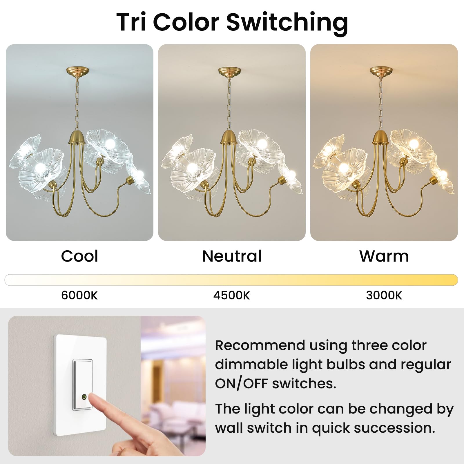 APLampara 33.4" Modern Floral Glass Chandelier, 6-Light Extra Large Ceiling Light Fixture with Clear Flower Shades, Brass Gold Accents for Living Room, Bedroom, Dining Room