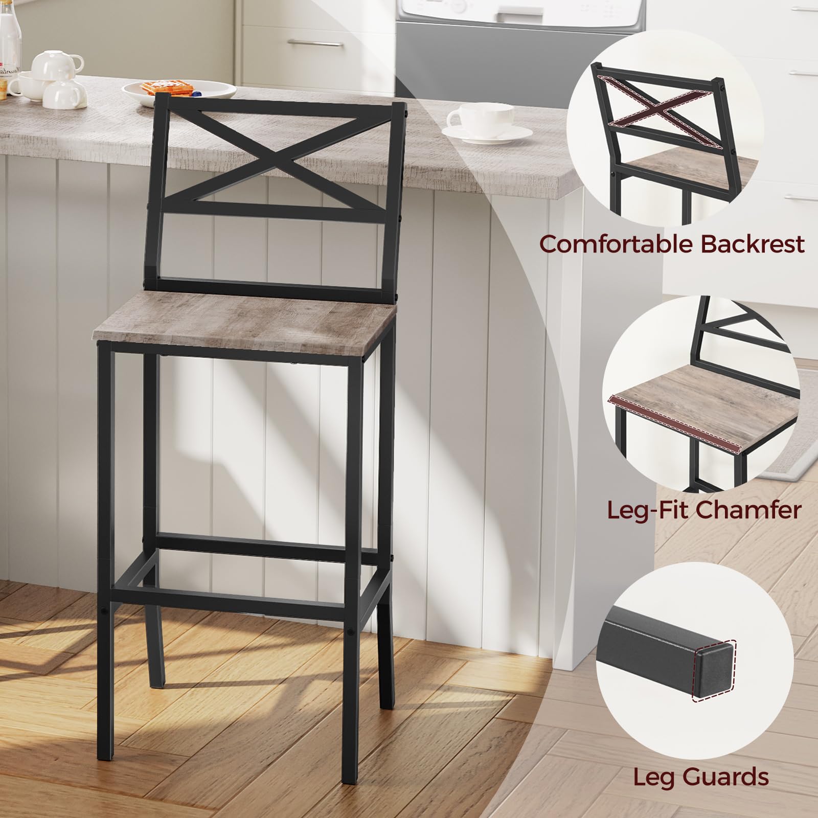 Bar Stools Set of 2 with Backrest & Footrest, 26" Counter Height