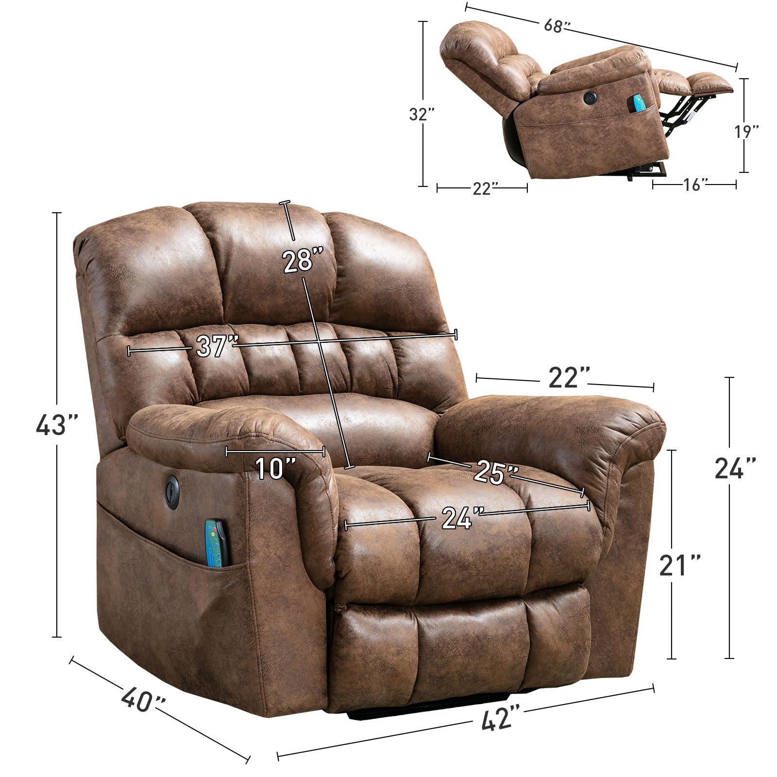 Bonzy Home Power Lift Chairs Recliner with Massage and Heating, Electric Recliner Chair with 24" Wide Seat for Big People, Full Padded Backrest, Waterproof Faux Leather, USB Charging Ports, Brown