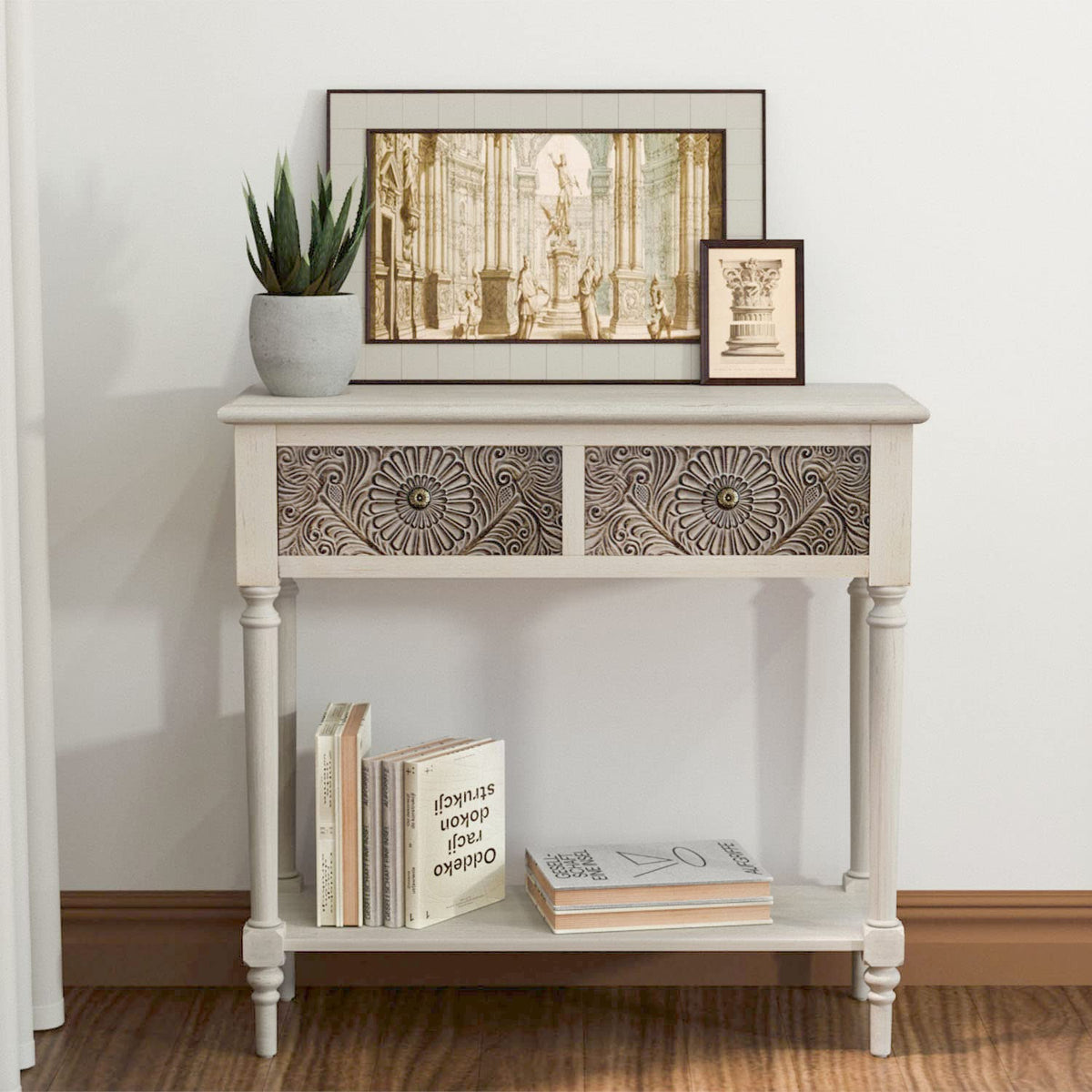 SUNBURY 31.5" Vintage Entryway Console Table, 2 Drawers, Beige