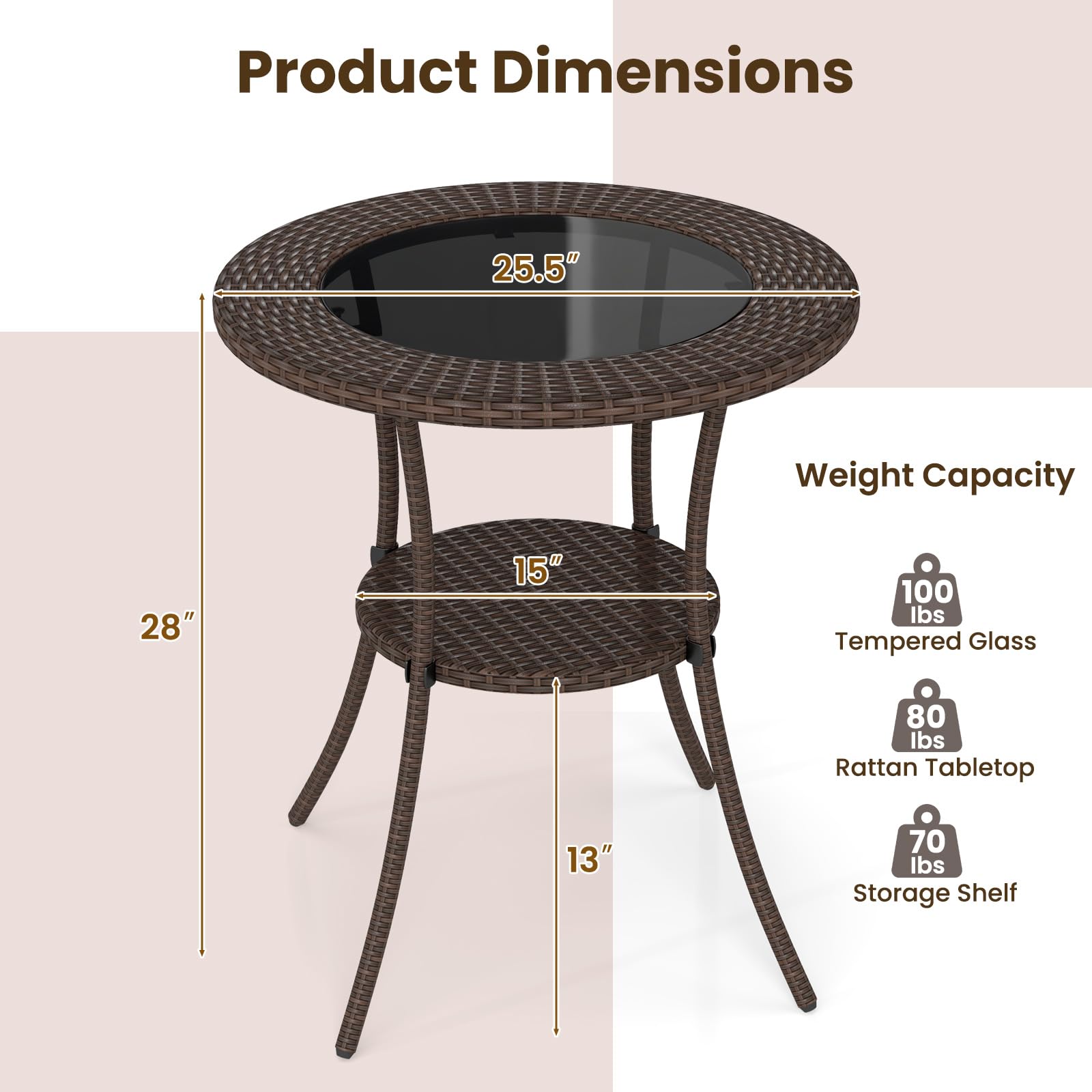 Round Wicker Patio Side Table with Tempered Glass Top & Storage Shelf