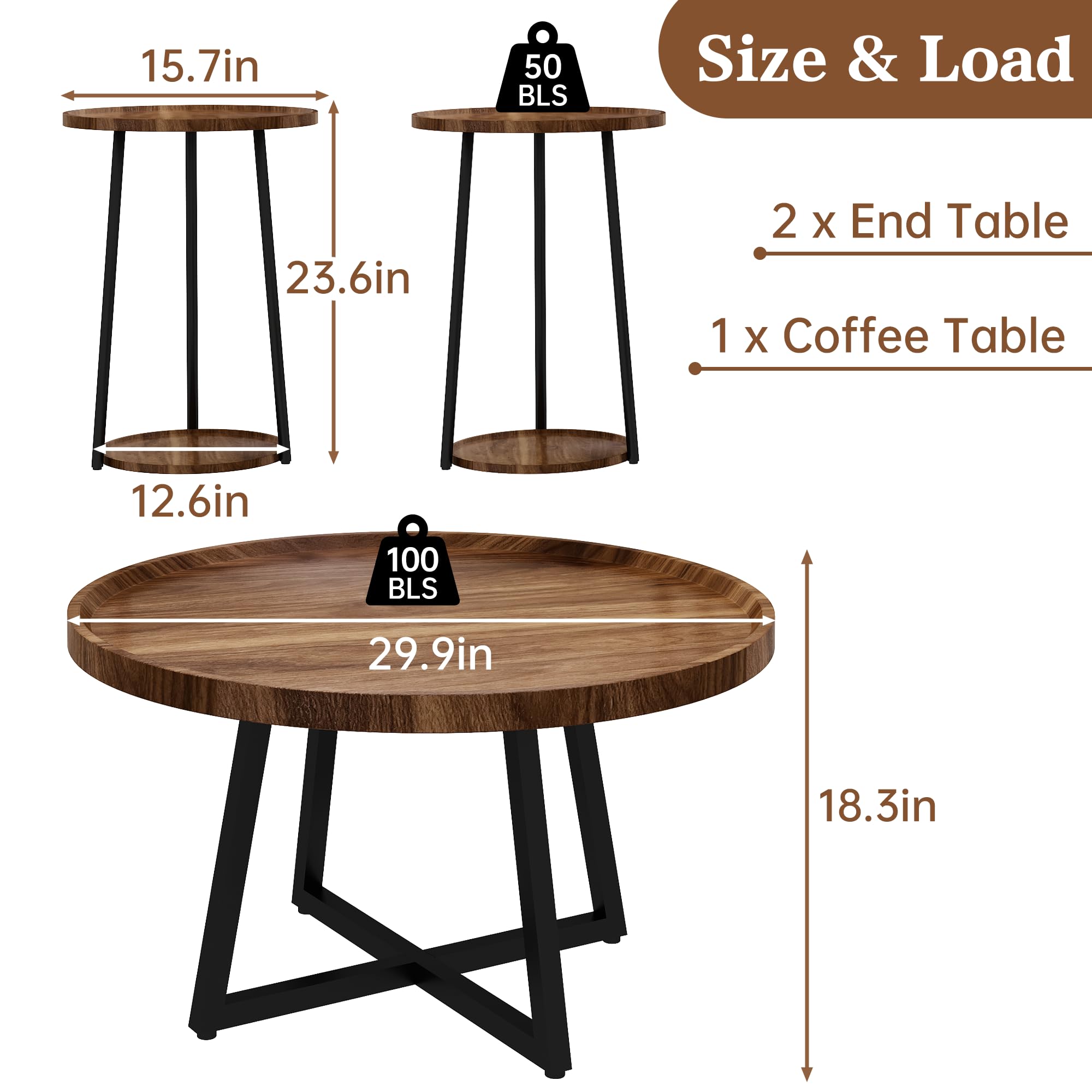 3-Piece Round Coffee Table & End Table Set – Vintage Industrial, Brown