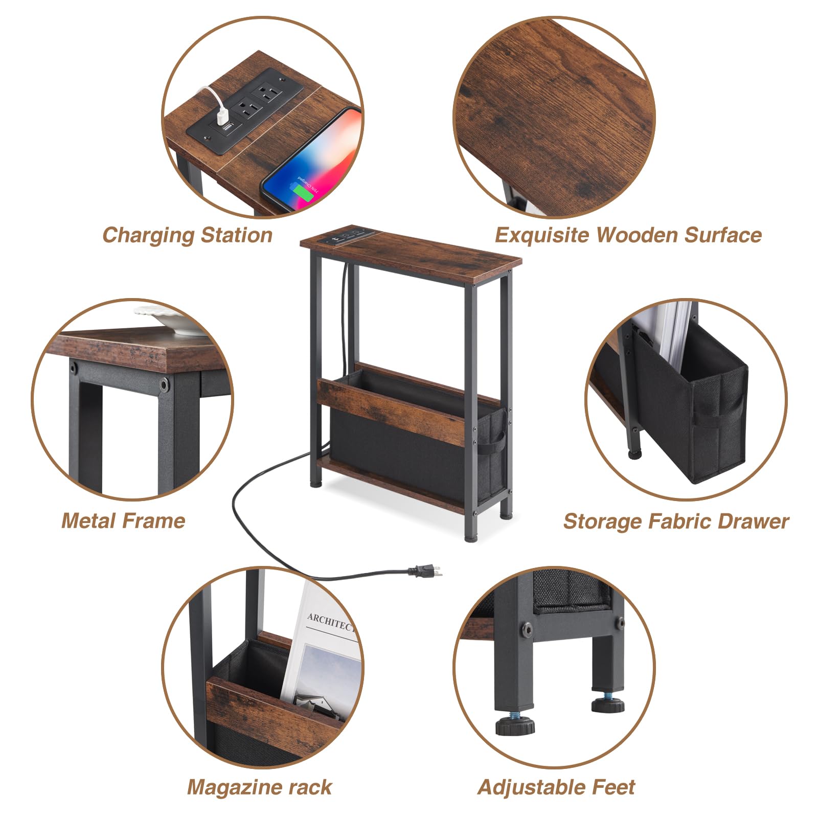 Slim Side Table with Storage, Drawer & USB Charging Ports