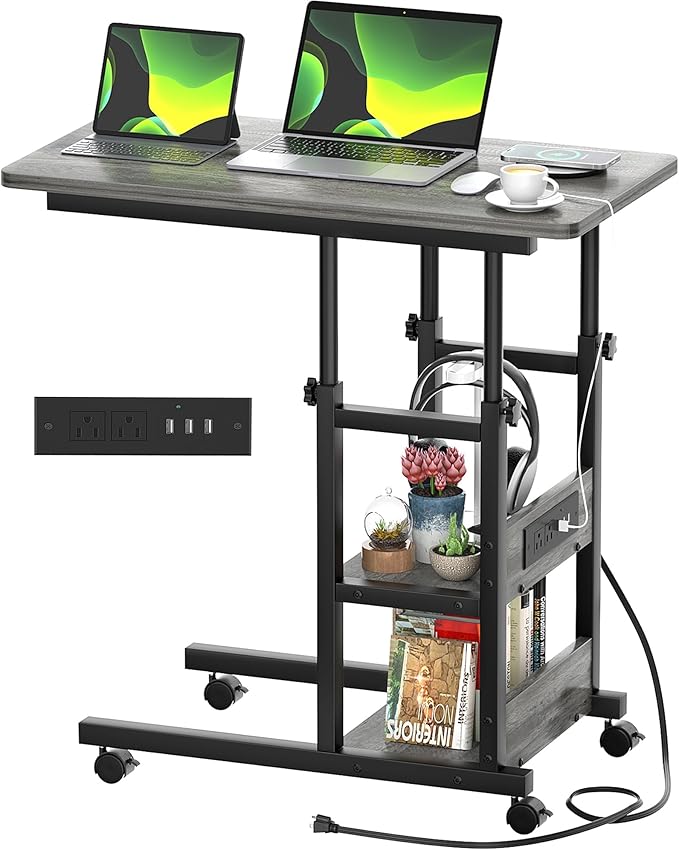 C-Shaped End Table with Charging Station & Adjustable Height
