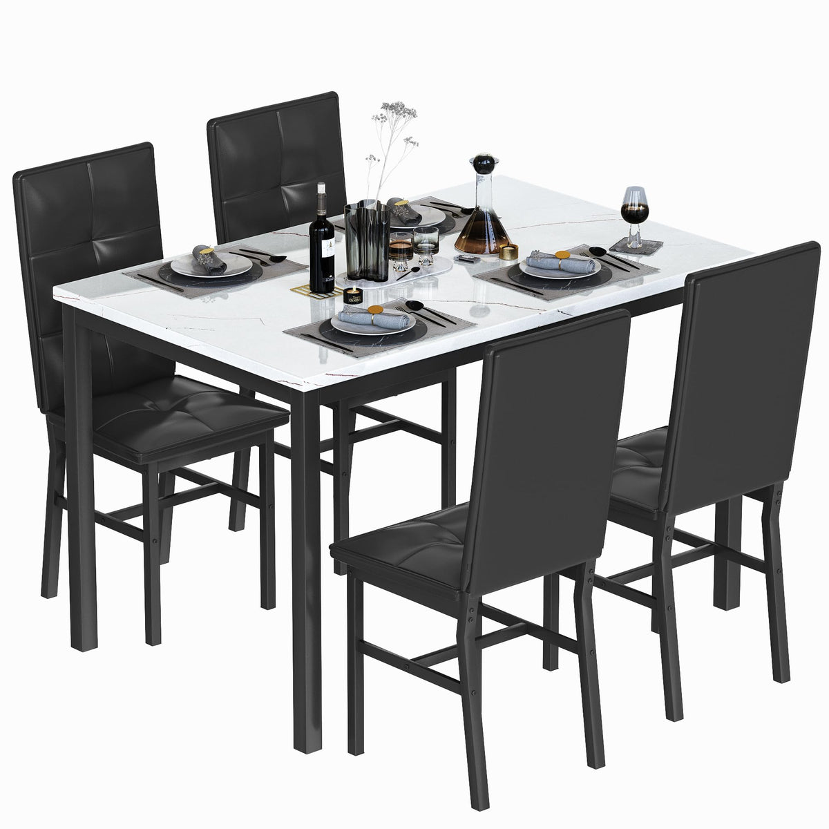 Hooseng Dining Table Set for 4, Faux Marble Small Kitchen Table with 4 PU Leather Chairs, Modern 5 Piece Dinner Table Set for Dining Room, Breakfast Nook, Samll Space, White & Black