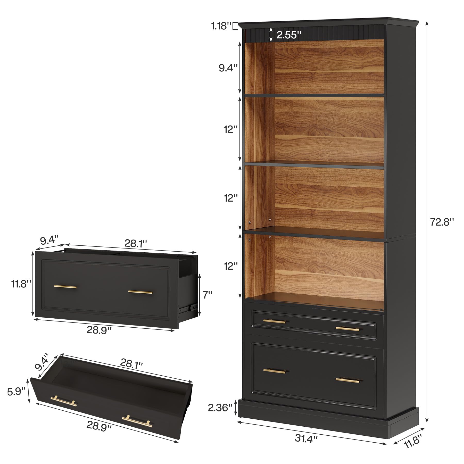 2-Drawer File Cabinet with 5-Tier Bookshelf & Printer Stand