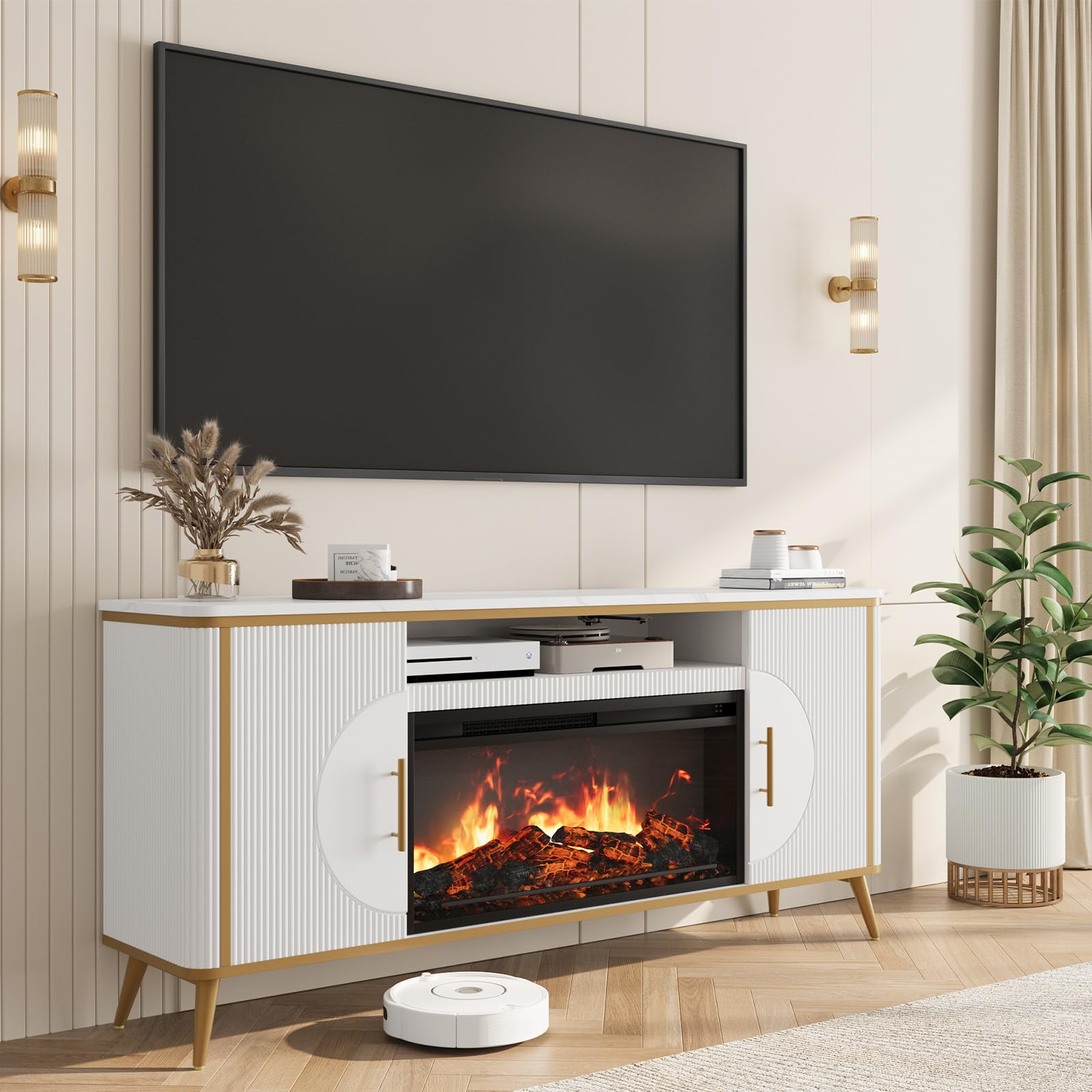 Fluted Fireplace TV Stand Up to 80" TVs, Modern Entertainment Center with 30" Electric Fireplace, Luxury Media Console with Adjustable Shelves for Living Room, White