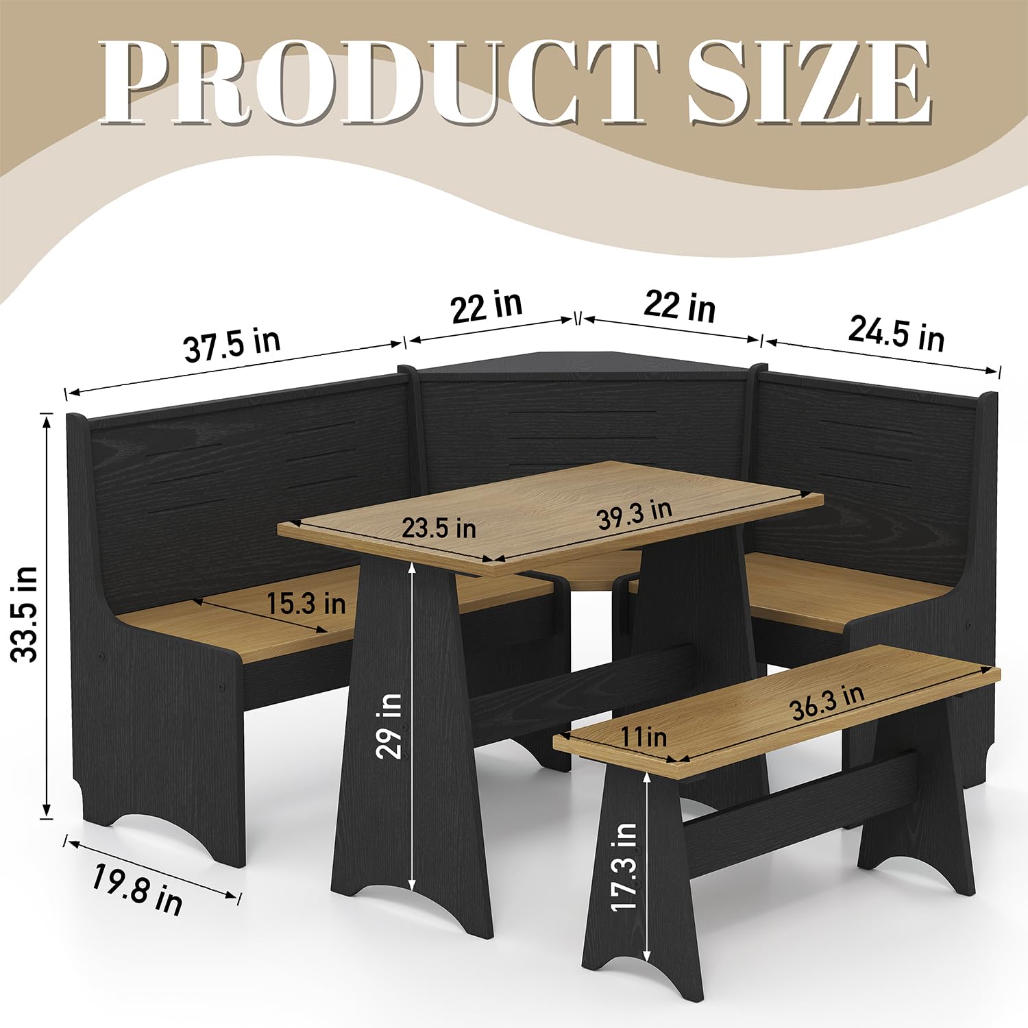 Breakfast Nook Kitchen Corner Dining Table Bench Chair Set, Hidden Storage Space-Saving 3-4 Seat L-Shape Farmhouse Mid Century Modern Style for Family Home Black Wood