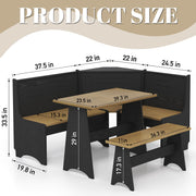 Breakfast Nook Kitchen Corner Dining Table Bench Chair Set, Hidden Storage Space-Saving 3-4 Seat L-Shape Farmhouse Mid Century Modern Style for Family Home Black Wood