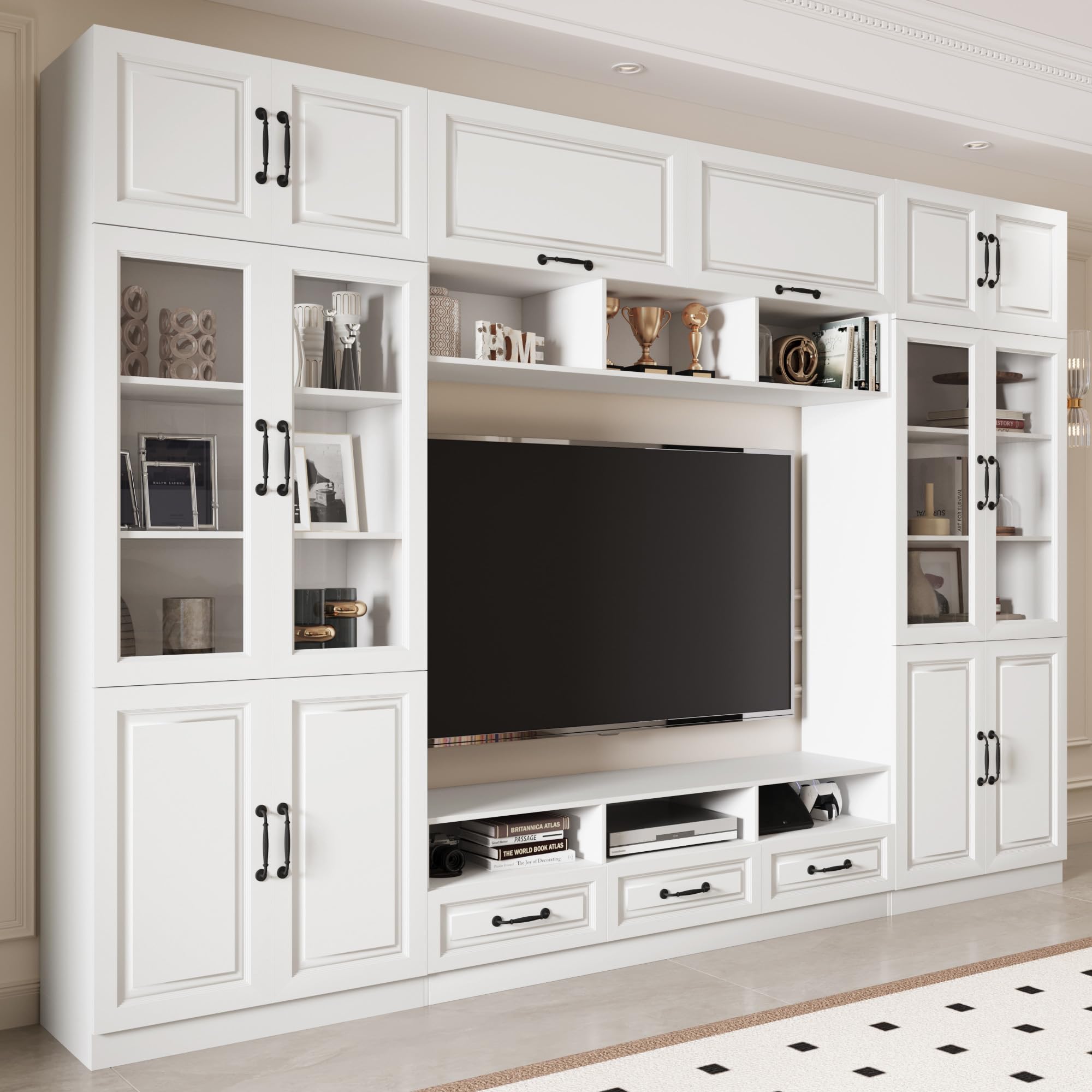 Mekminop 126" Entertainment Center Wall Unit with Glass Doors & Drawers, Large Wall Unit TV Stand for TVs up to 70", Media Console Table for Living Room, Can be Split into 4 Separate Cabinet, White