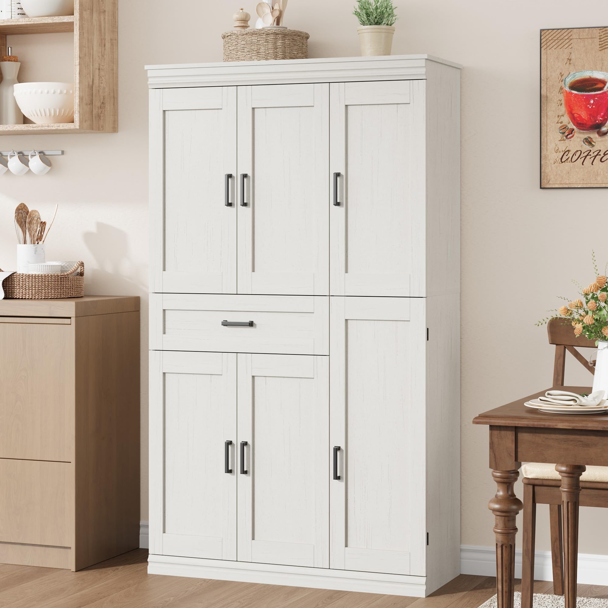 Garvee 70" Tall Kitchen Pantry Storage Cabinet, Modern Kitchen Hutch Cabinet with Doors and Shelves, Freestanding Food Pantry with Large Storage Drawer for Dining Room and Household Organization