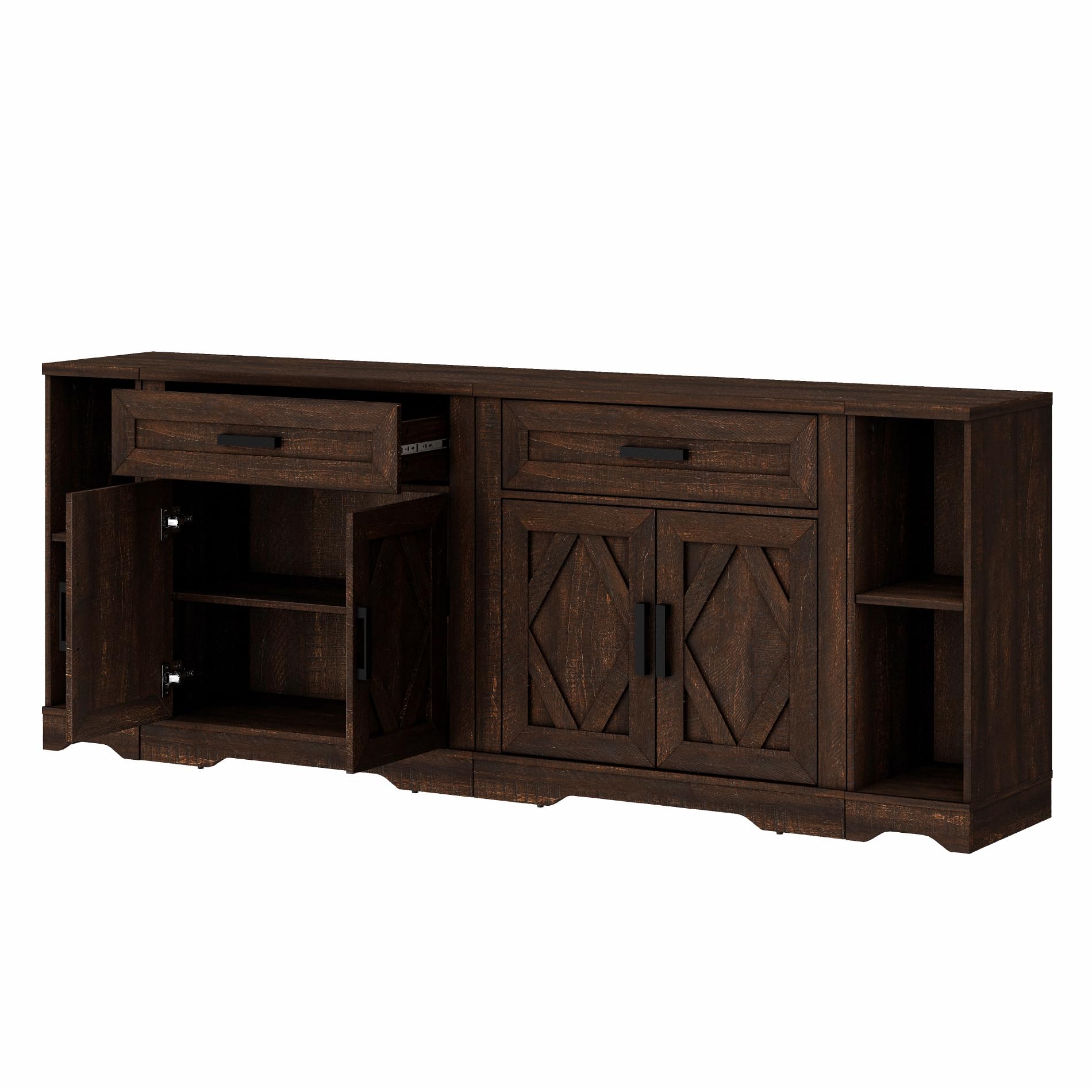 WAMPAT Modern Farmhouse Large Sideboard Cabinet Set with Barn Doors,Buffet Cabinet Table with Storage Shelves and Drawers for Kitchen,Dining Room,Coffee Bar,82.7" W x 15.4" D x 32" H,Dark Brown