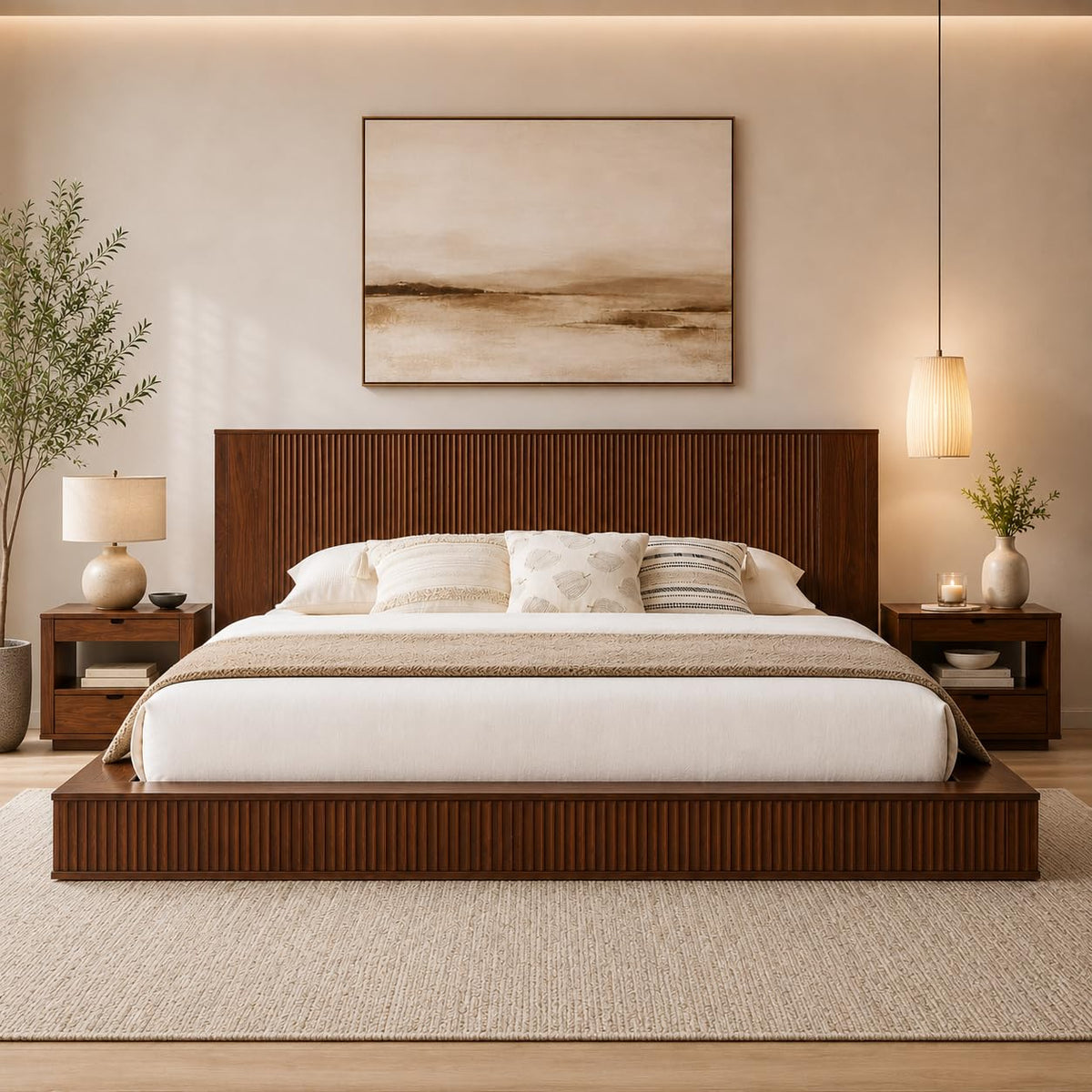 Low Profile Queen Platform Bed Frame with Vertical Fluted Headboard (Queen)