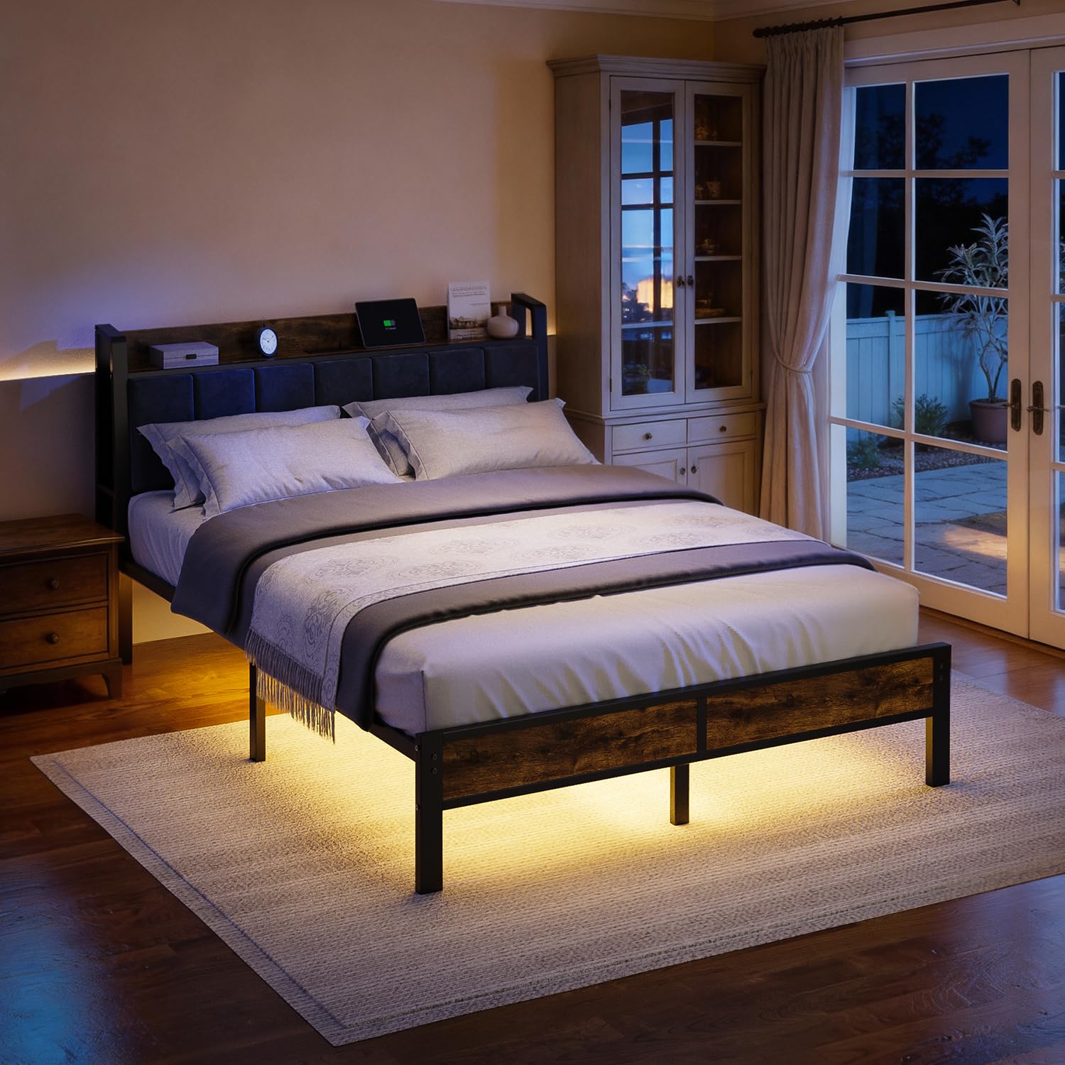 Metal Platform Bed Frame with Upholstered Headboard, Charging Station & LED Lights