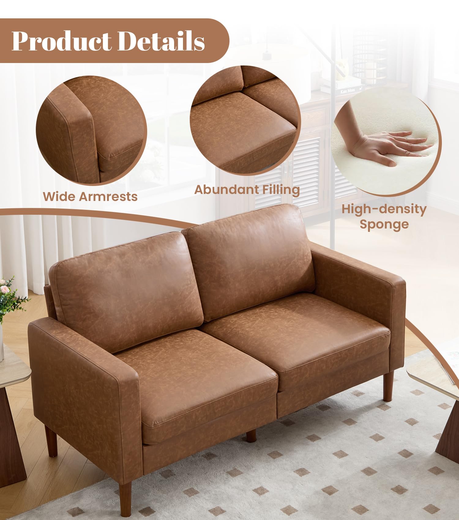 Kingfun 65" Loveseat Sofa, Faux Leather Love Seat Couch, Mid Century Modern Couch with Solid Wooden Frame for Living Room & Bedroom in Small Spaces, Brown