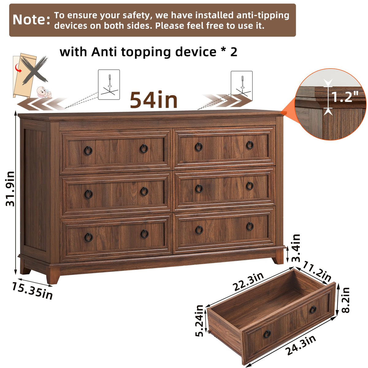 Joaxswe 54'' Dresser for Bedroom, Farmhouse 6 Drawers Dressers