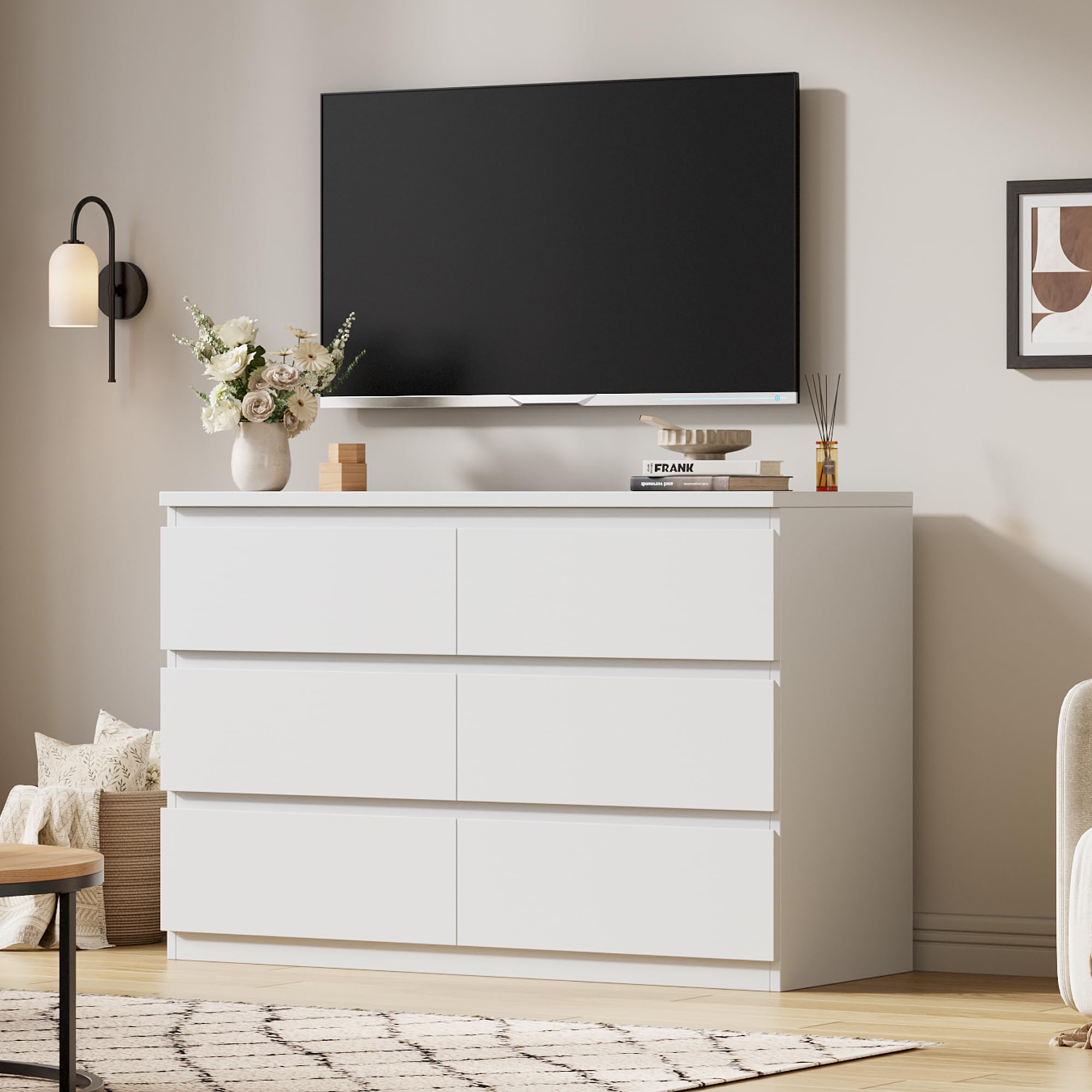 Orgobysol 6 Drawer Double Dresser for Bedroom, Modern Simply Chest of Drawers, Wood Storage Dresser with Anti-Tipping for Living Room Hallway Entryway, Nursy White (15.3" D x 47.2" W x 32.3" H)