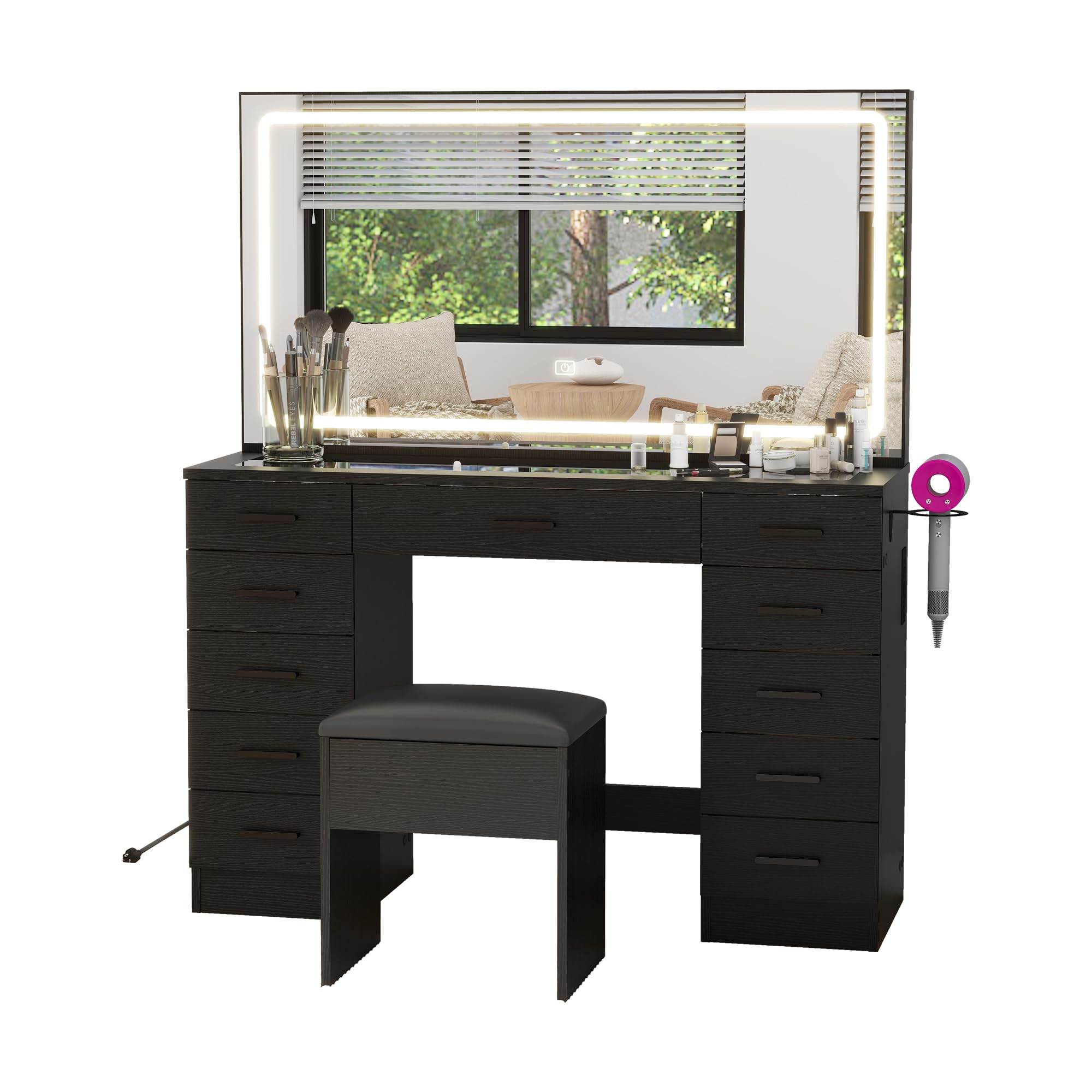 Panana Vanity Desk with 11 Drawers, Glass Top Makeup Table with Mirror and LED Lights Vanity with Stool 3 Lighting Modes Brightness Adjustable Dressing Table with Power Outlet (Black)