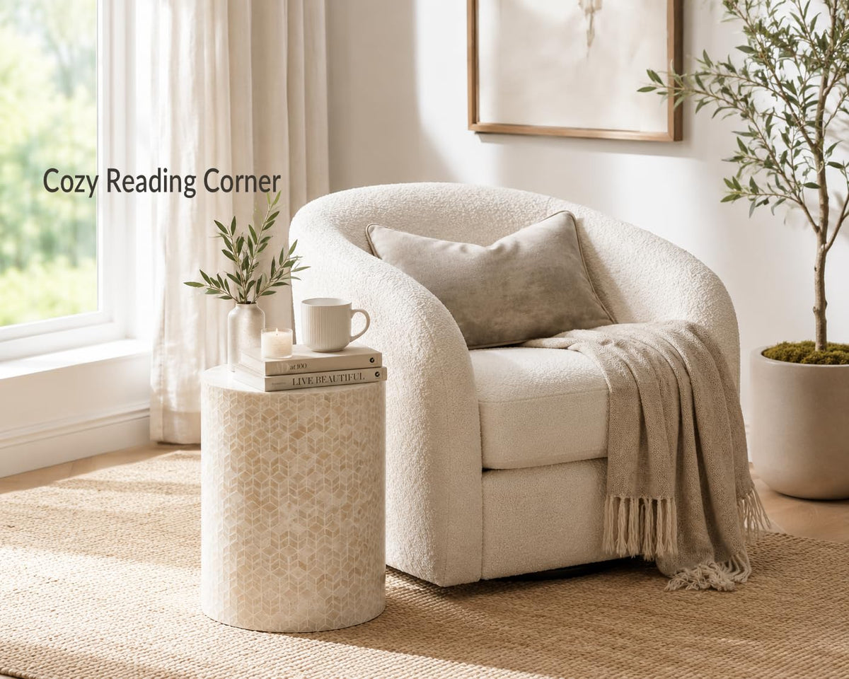 Capiz Shell Drum End Table, White Cream