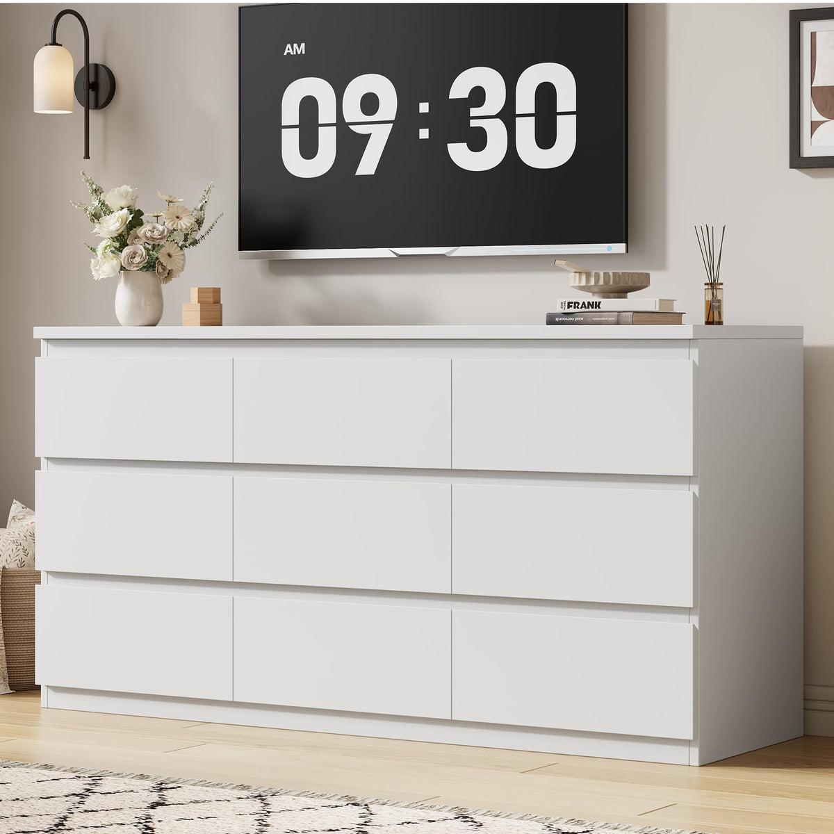 Jocoevol Modern 9 Drawer Dresser for Bedroom, Simply Chest of Drawers, Wood Storage Dresser with Deep Drawers for Living Room Hallway Entryway (White)