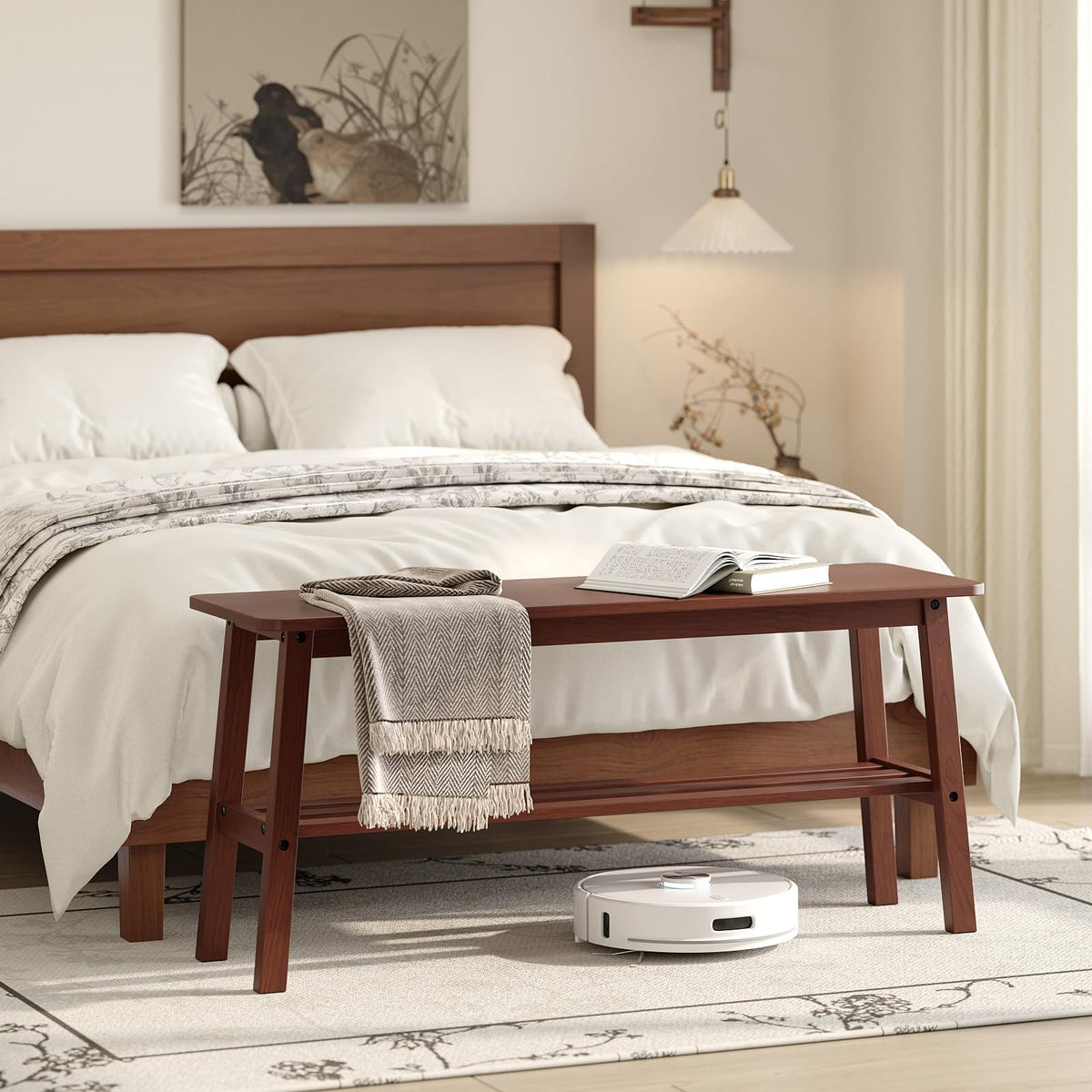 VINGLI Wood Dining Bench with Lower Shelf, Farmhouse Entryway Bench, Walnut