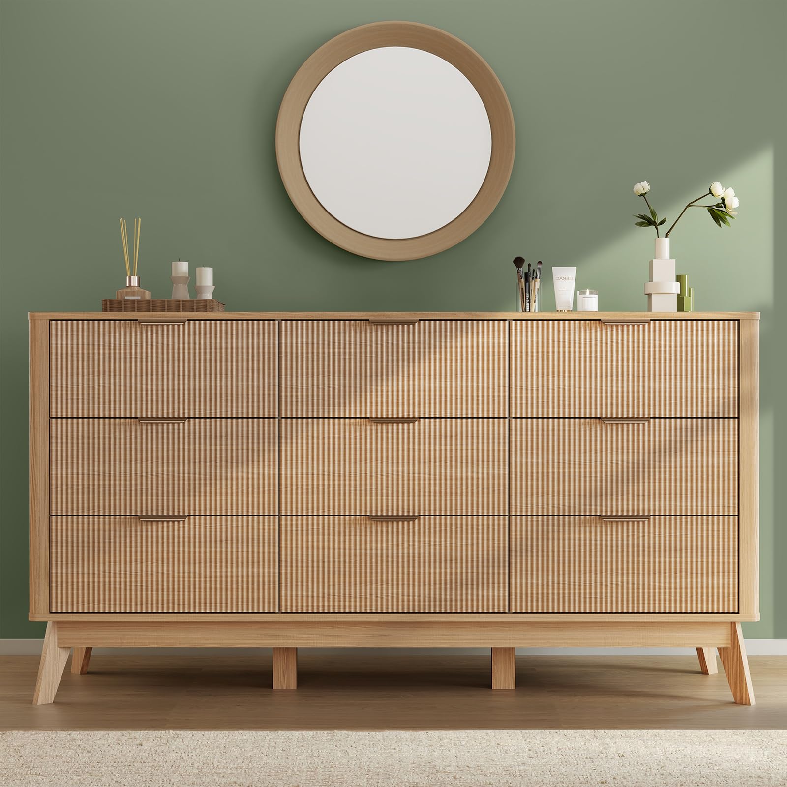 GRAINLLE Fluted Dresser for Bedroom,59'' Modern Wooden Dresser with 9 Drawers, Bedroom Dressers, Natural Wood Chest of Drawers for Living Room, Hallway (Oak)