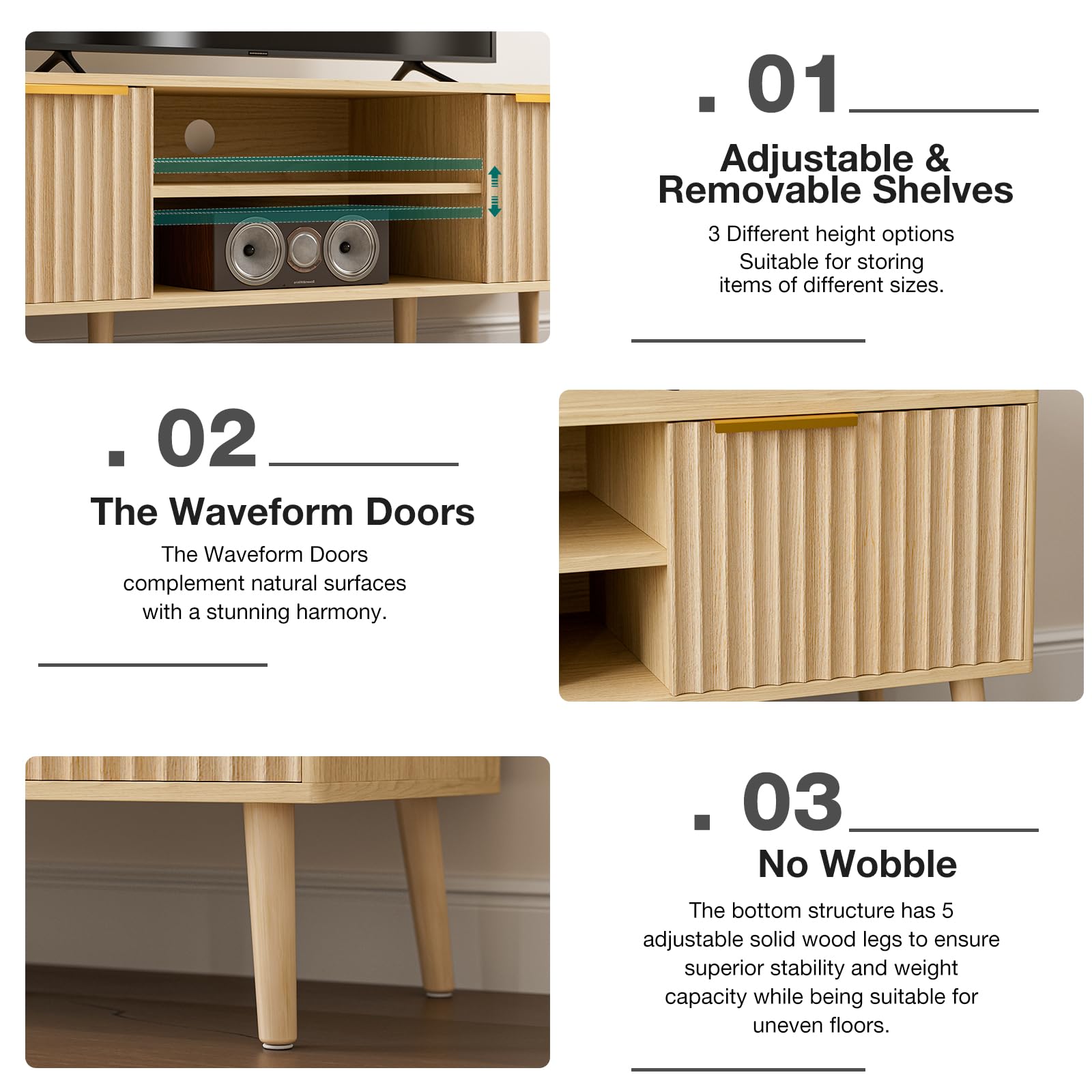 TV Stand with Fluted Door Cabinets & Open Shelves