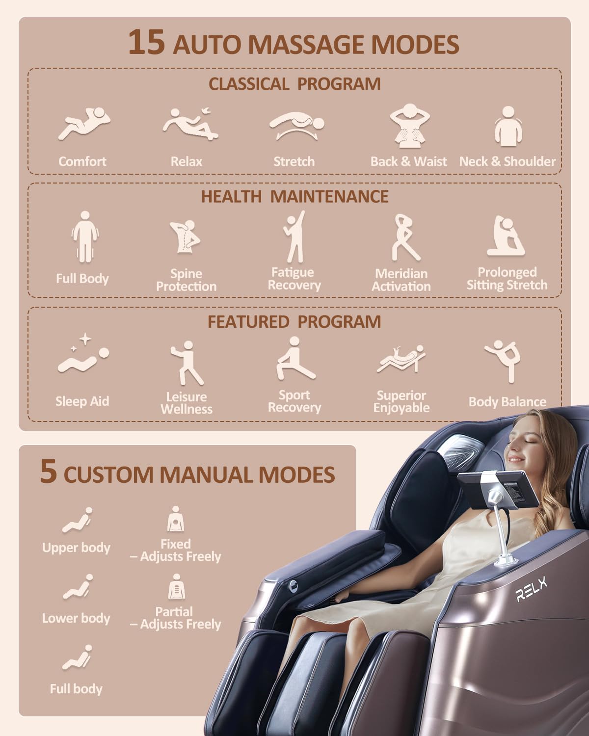 RELX 2026 Massage Chair Full Body, Body Scan, Zero Gravity Recliner, Brown