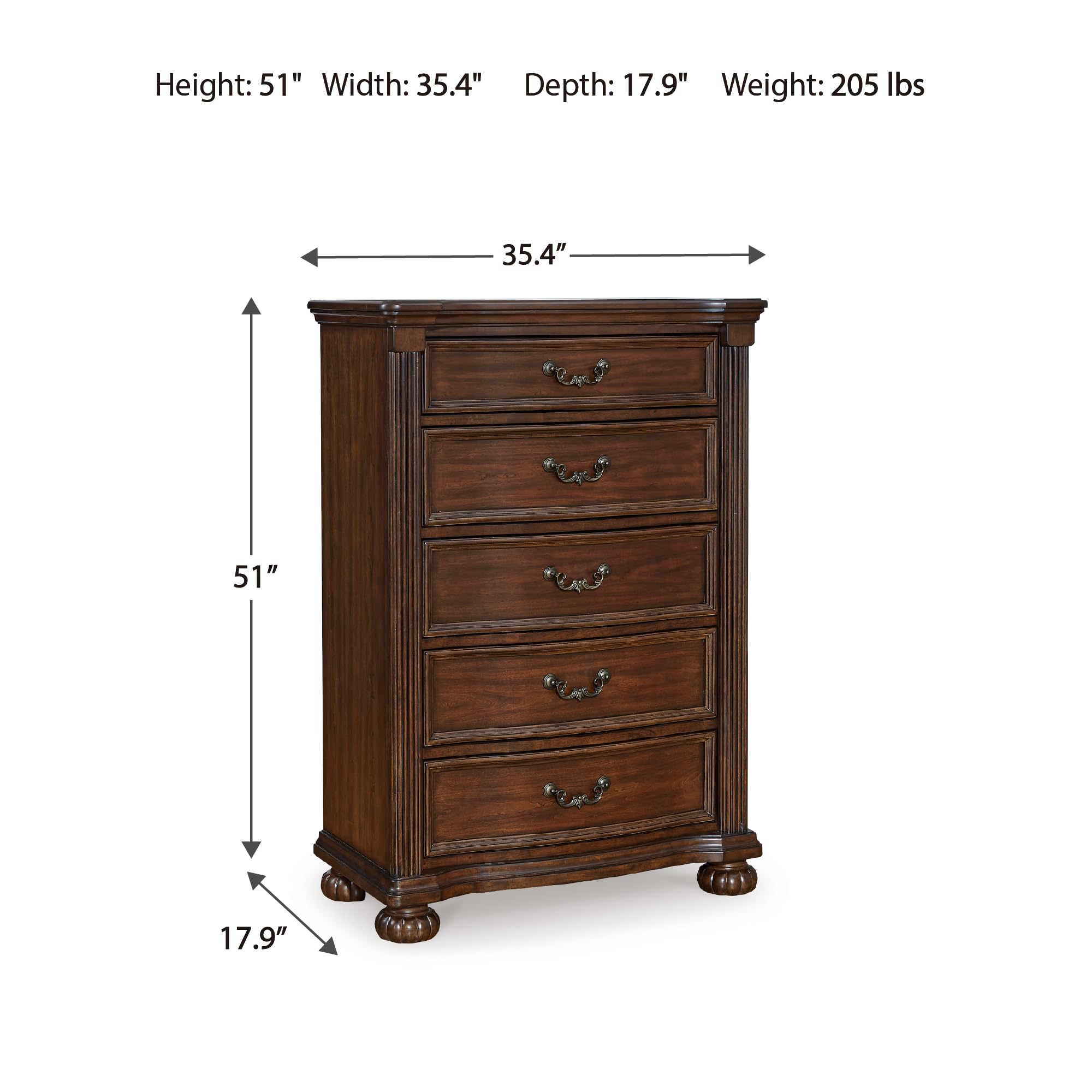 Signature Design by Ashley Lavinton Traditional Chest with 5 Smooth-Gliding Drawers, Metal Drawer Pulls, Wood, Cherry Brown Finish, 35.38' W x 17.88' D x 51' H