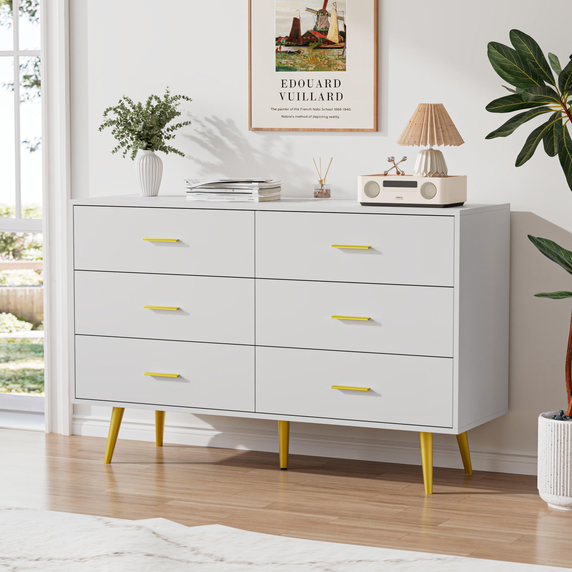 CARPETNAL White Dresser for Bedroom, 6 Drawer Dresser with Wide Drawers and Gold Metal Handles, 47” Wood Dressers & Chests of Drawers for Hallway, Entryway.