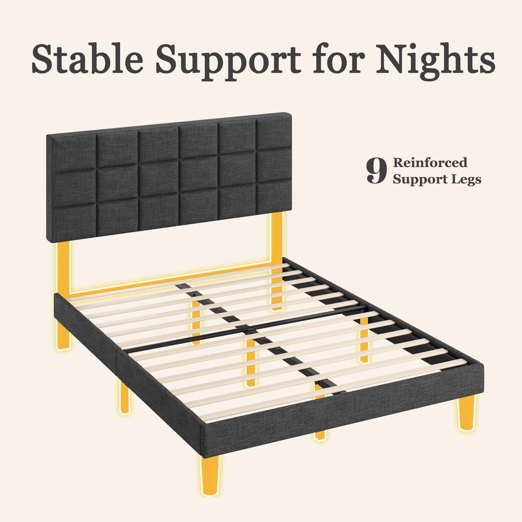 Upholstered Platform Bed Frame with Adjustable Headboard