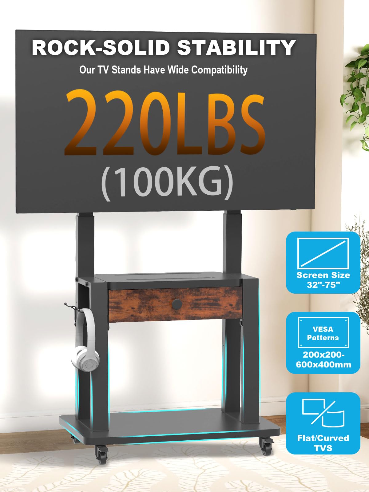 Rolling TV Stand with Drawer Storage