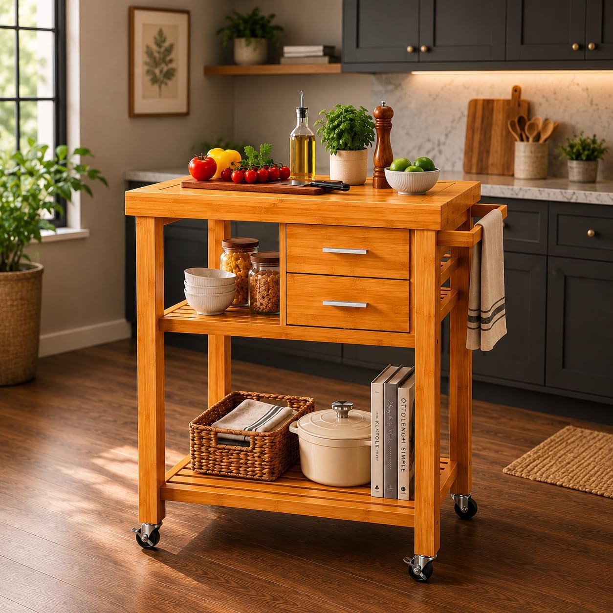 Home Aesthetics Rolling Kitchen Island Cart with Drawers Shelves, Towel Rack, Locking Casters, Butcher Block Food Prepping Cart Trolley on Wheels, Bamboo Wood