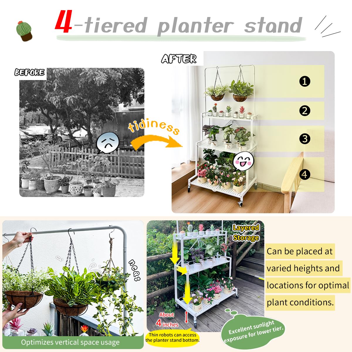 Foldable 4-Tier Plant Stand with Wheels
