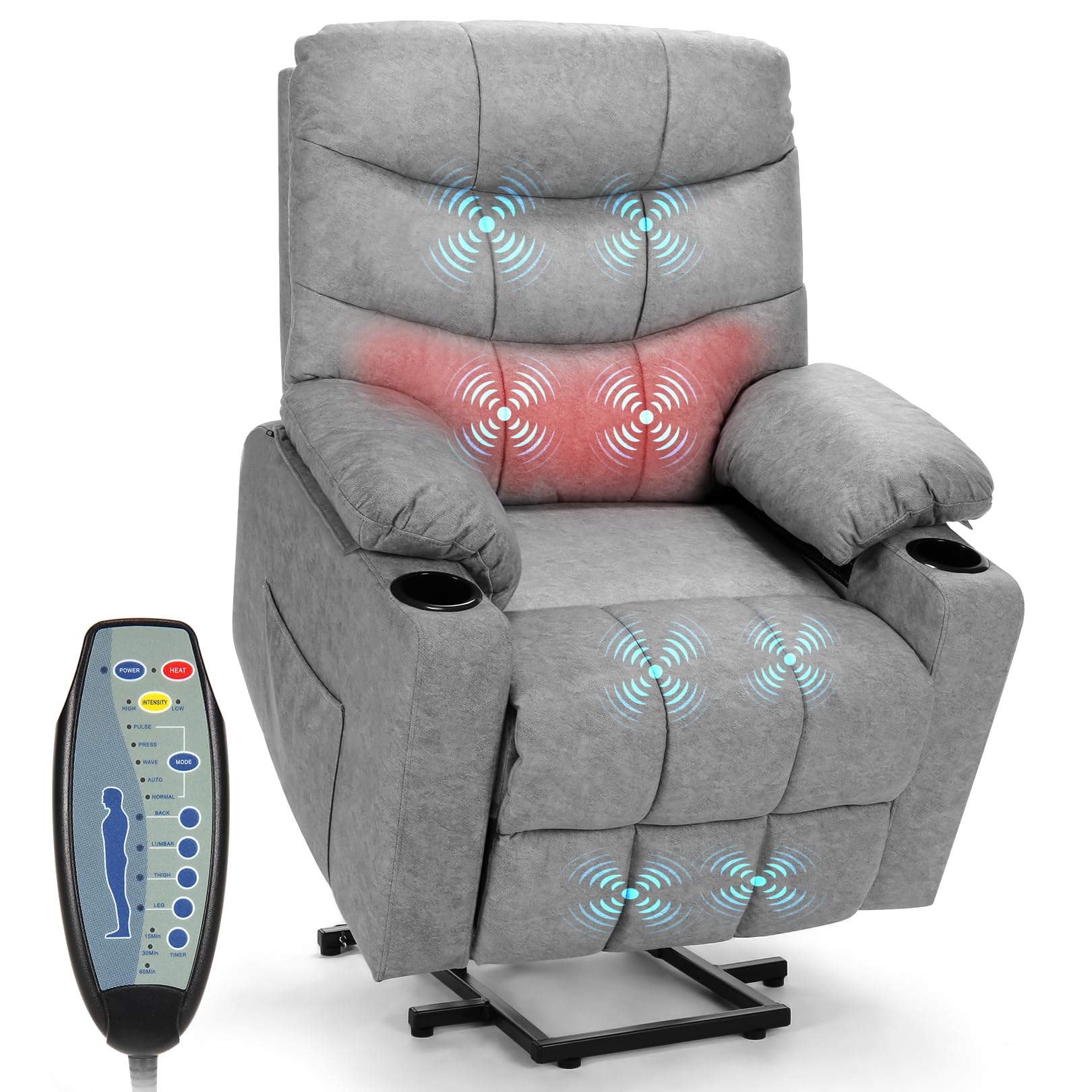Power Lift Recliner Chair for Elderly with Heat & Massage, High-resilience Padding, Wide Back and Seat Reclining Sofa Chair with Cup Holders and Pockets, Easy Assembly and Operation (Light Gray)
