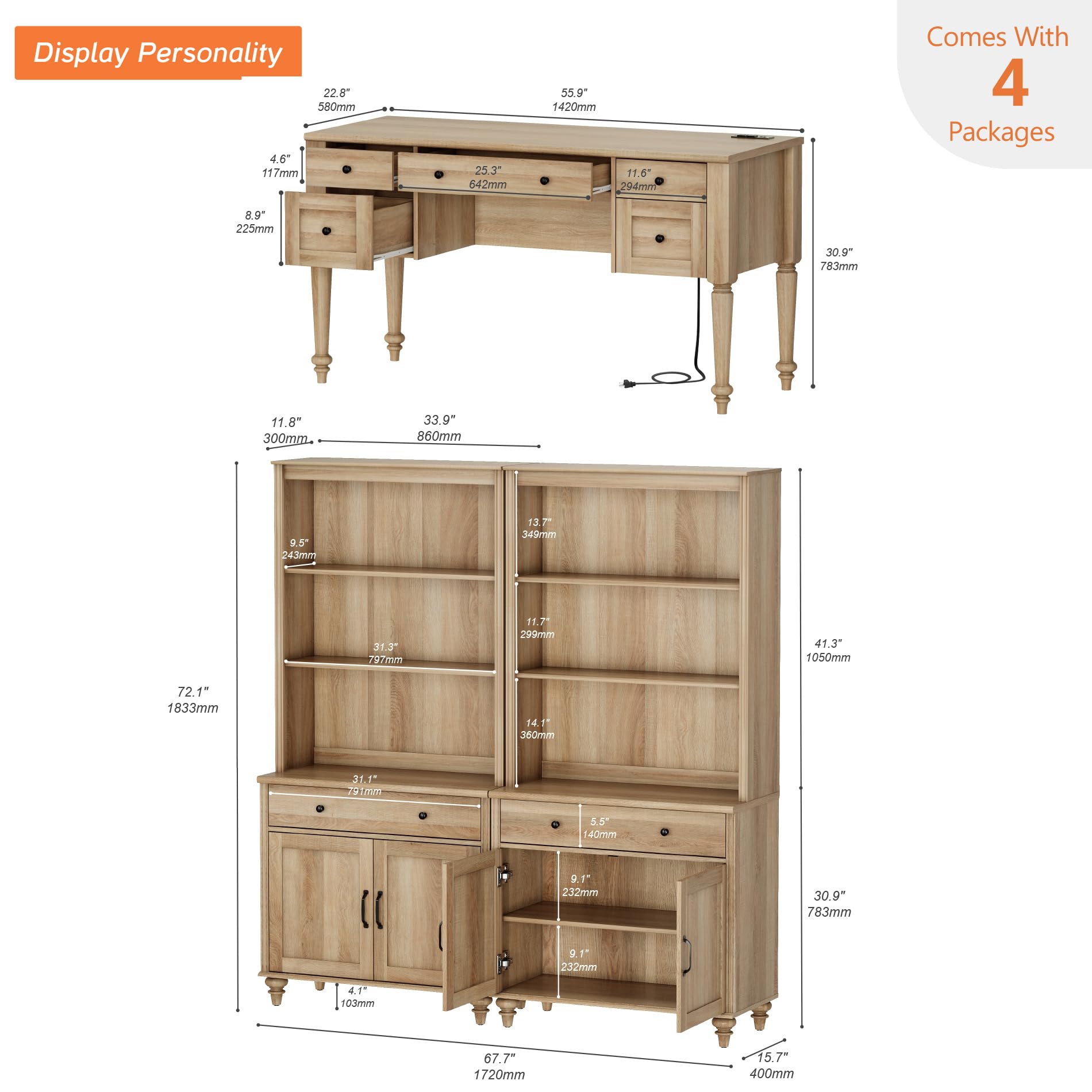 Farmhouse Office Set – 56" Desk with Charging Station & 72" Tall Bookcase