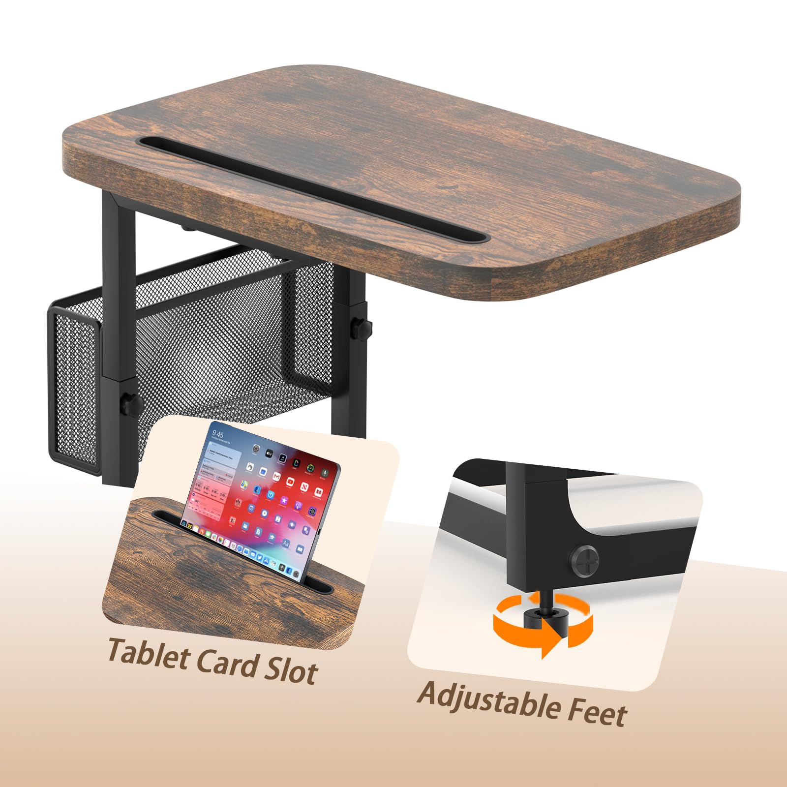 Fashion TV Tray Table with Large Tabletop, Adjustable Sofa Table with Storage Baskets, Strong Metal Frame, Tv Dinner Tray Table for TV Watching, Meals, Snacks (Square, Brown, 16.93inch x 12.6inch)